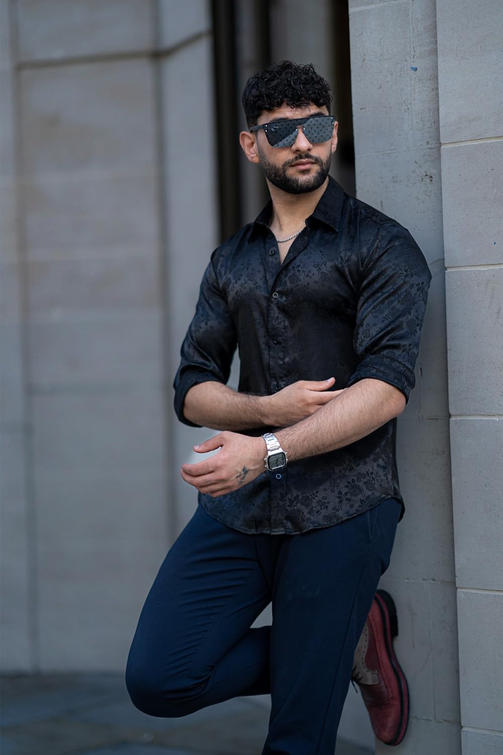 COOFANDY Mens Floral Rose Printed Long Sleeve Dress Shirts Prom Wedding Party Button Down Shirts,Black XX-Large