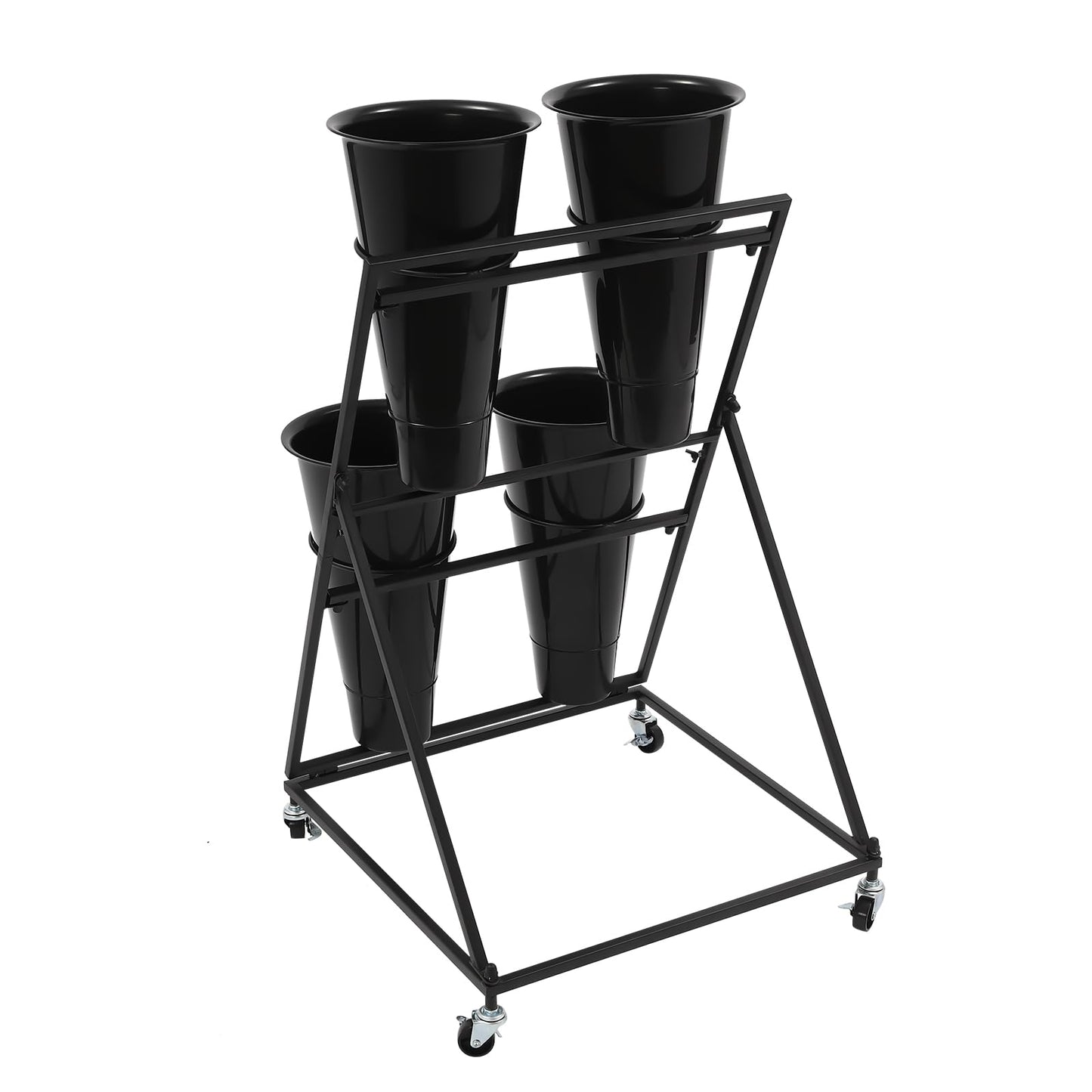 Nozue Flower Display Stand, with 4pcs Buckets, 2 Layers Metal Plant Stand with Wheels, Heavy Duty Detachable Plant Moving Cart Frame for Indoor, Living Room, Florist (Black- Black round bucket)