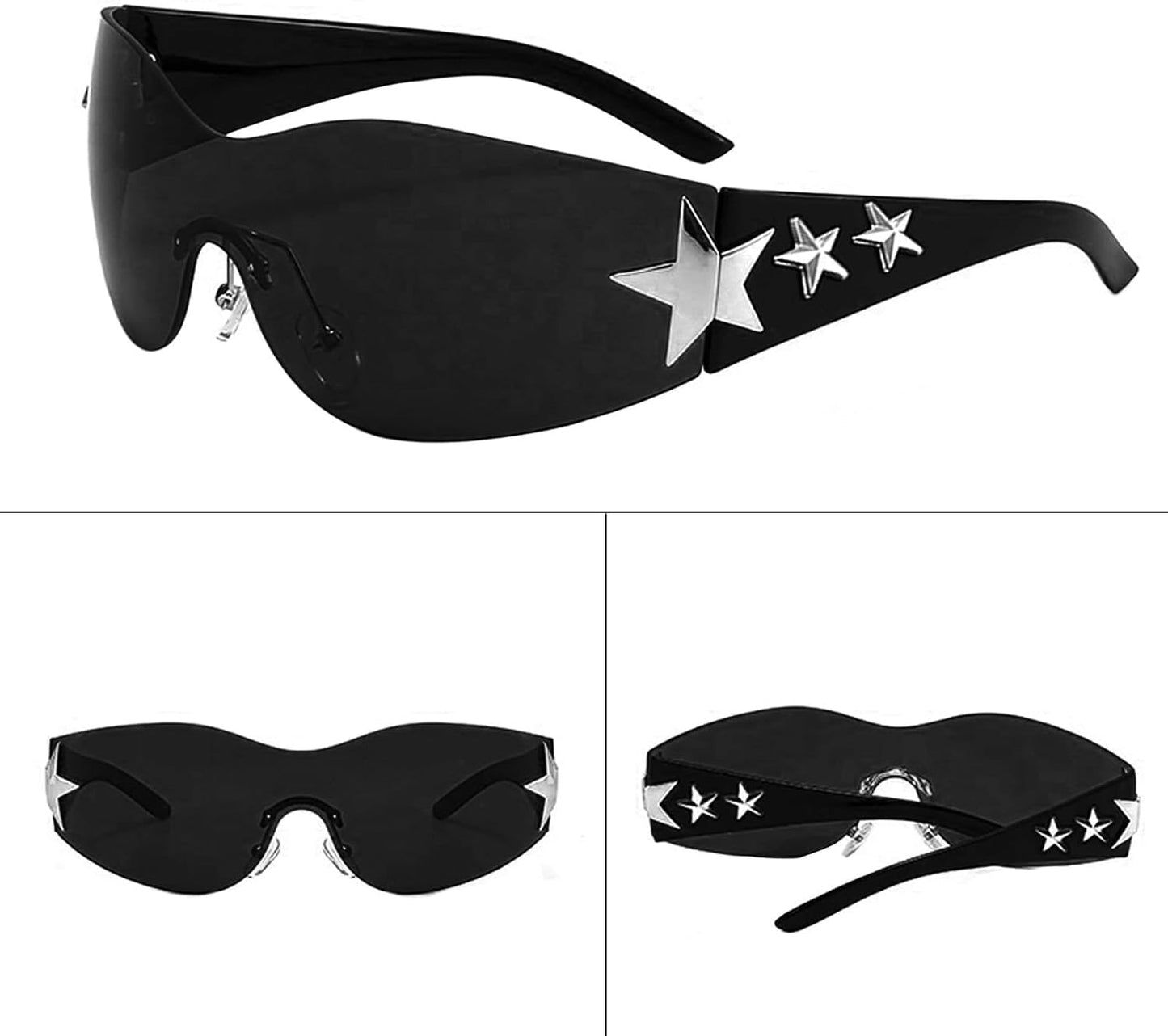 Rimless Y2K Sunglasses with Three Stars Charms, Pentagram Shaped Hair Clips and Spike Heart Earrings Combo for 2000s Women Rave Accessories