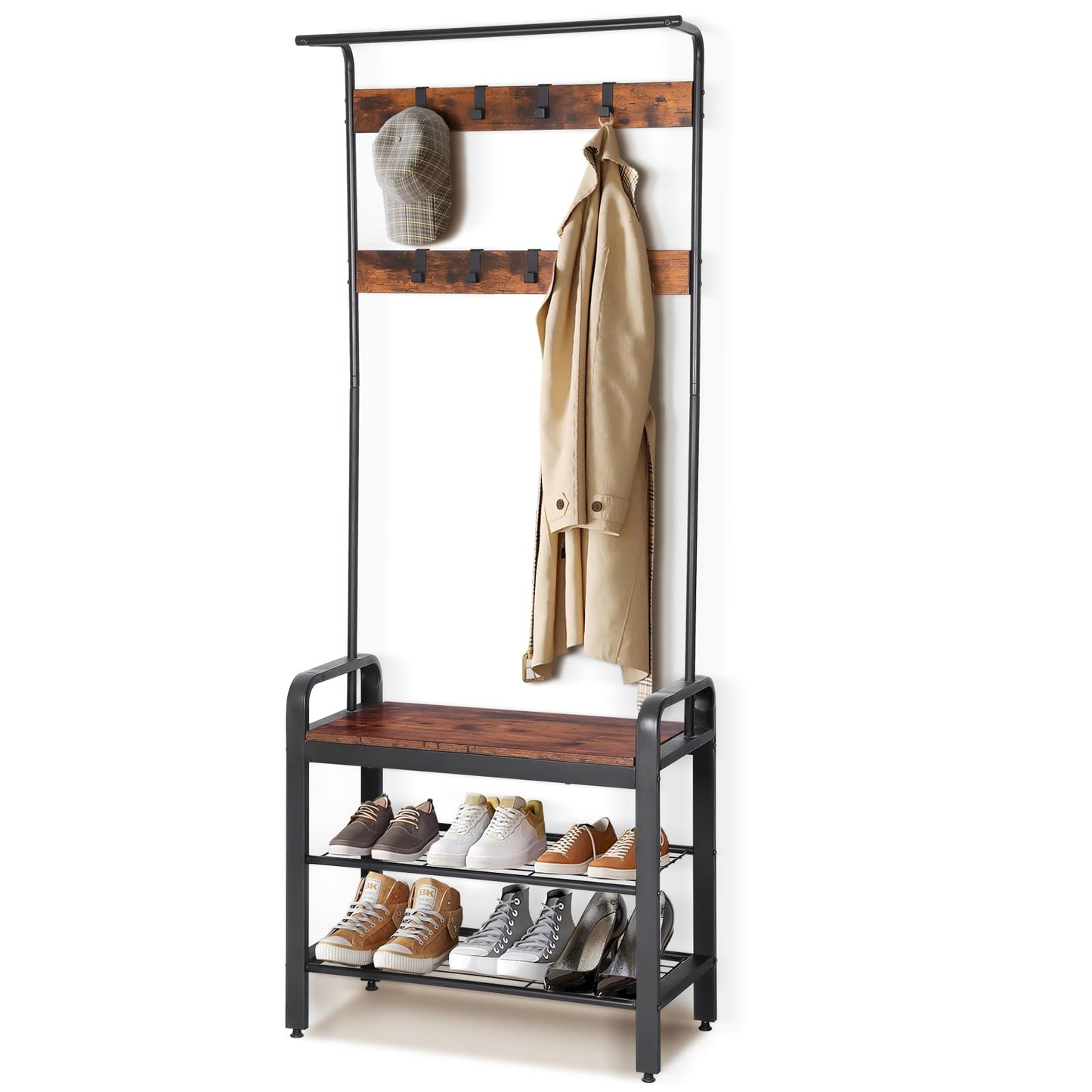 RUNTOP Coat Rack, Hall Tree with Shoe Bench for Entryway, Entryway Bench with Coat Rack, 4-in-1, Industrial Coat and Shoe Rack with 9 Removable Hooks, a Hanging Rod, Wall Rack
