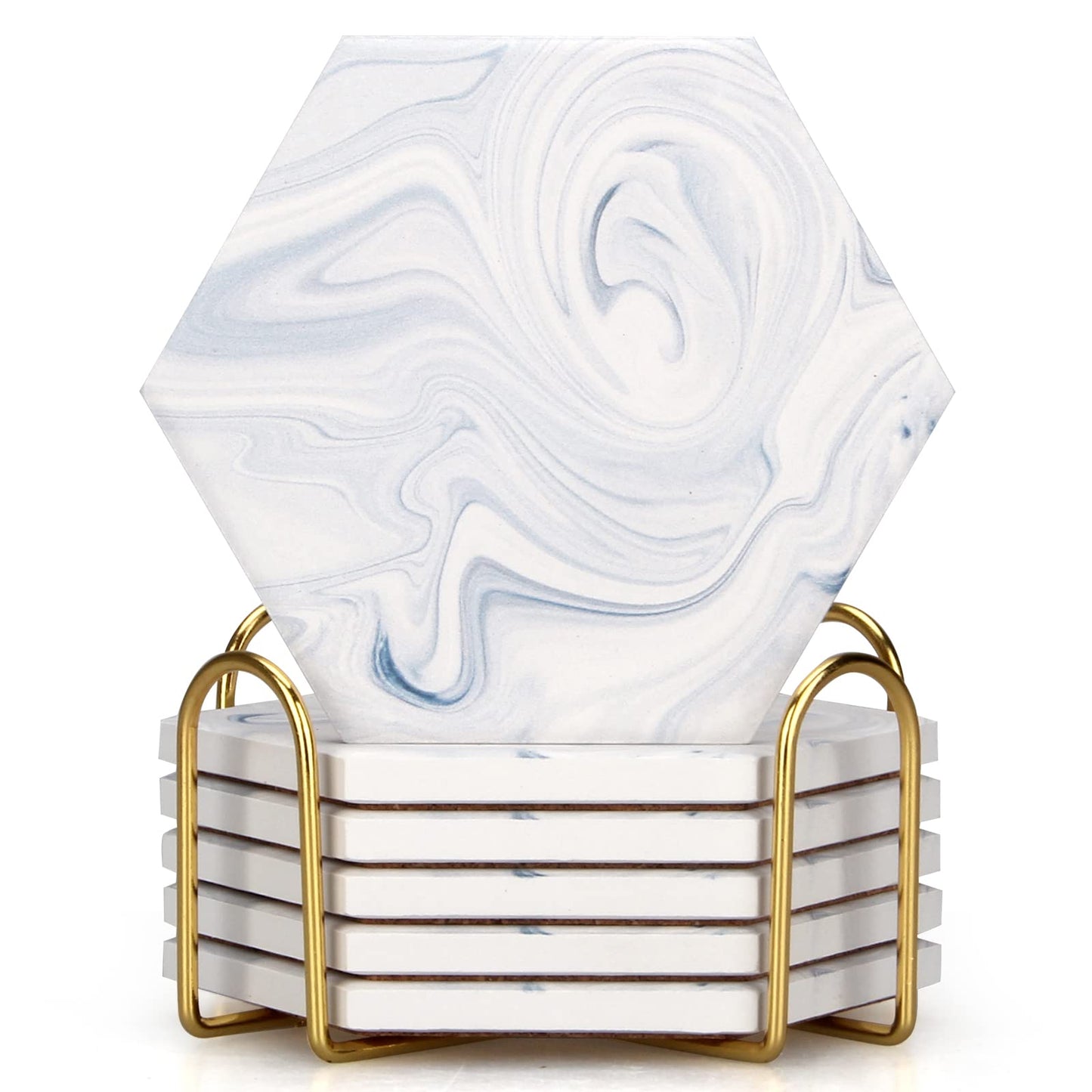 6 Pcs Hexagon White Marble Ceramic Coasters Set with Holder Best Absorbent Stone Coasters Cool Drink Personalized Wine Bar Coasters Beverage Coffee Cup Coasters for Table