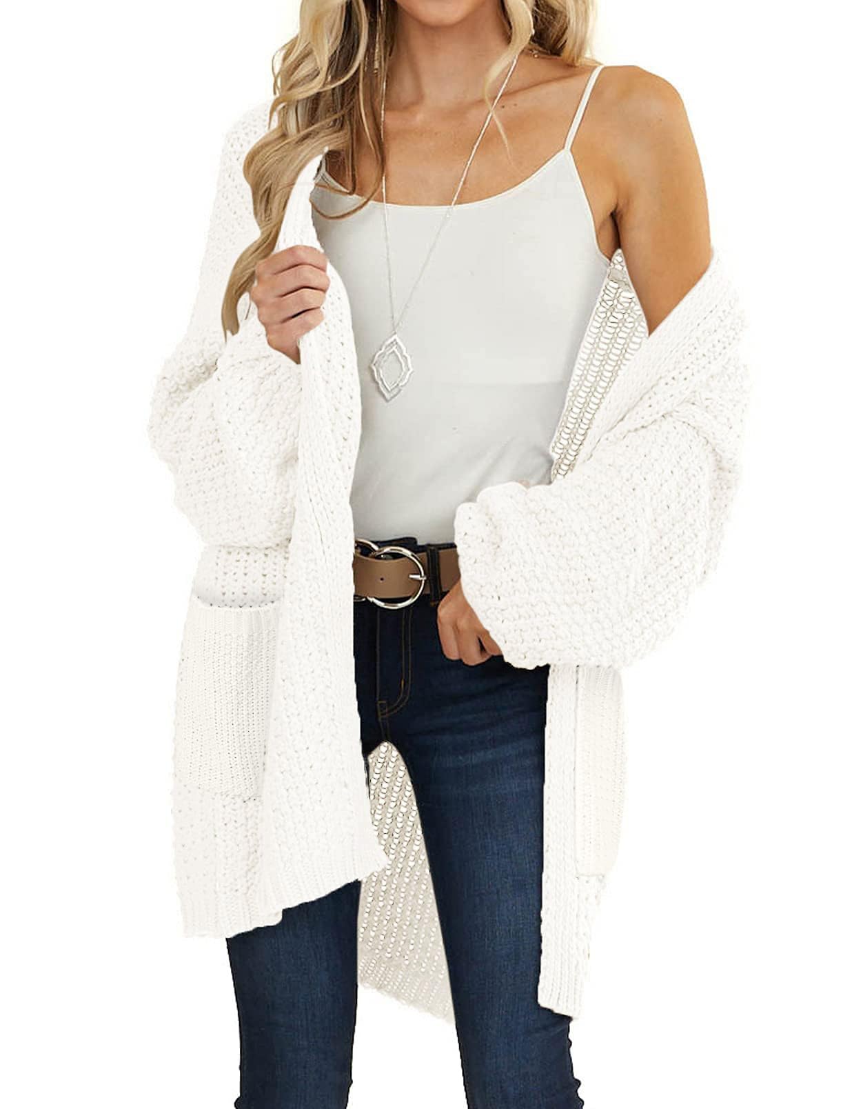 MEROKEETY Women's 2025 Fall Open Front Chunky Knit Sweater Oversized Lantern Sleeve Cardigan Outwear, Beige, Medium