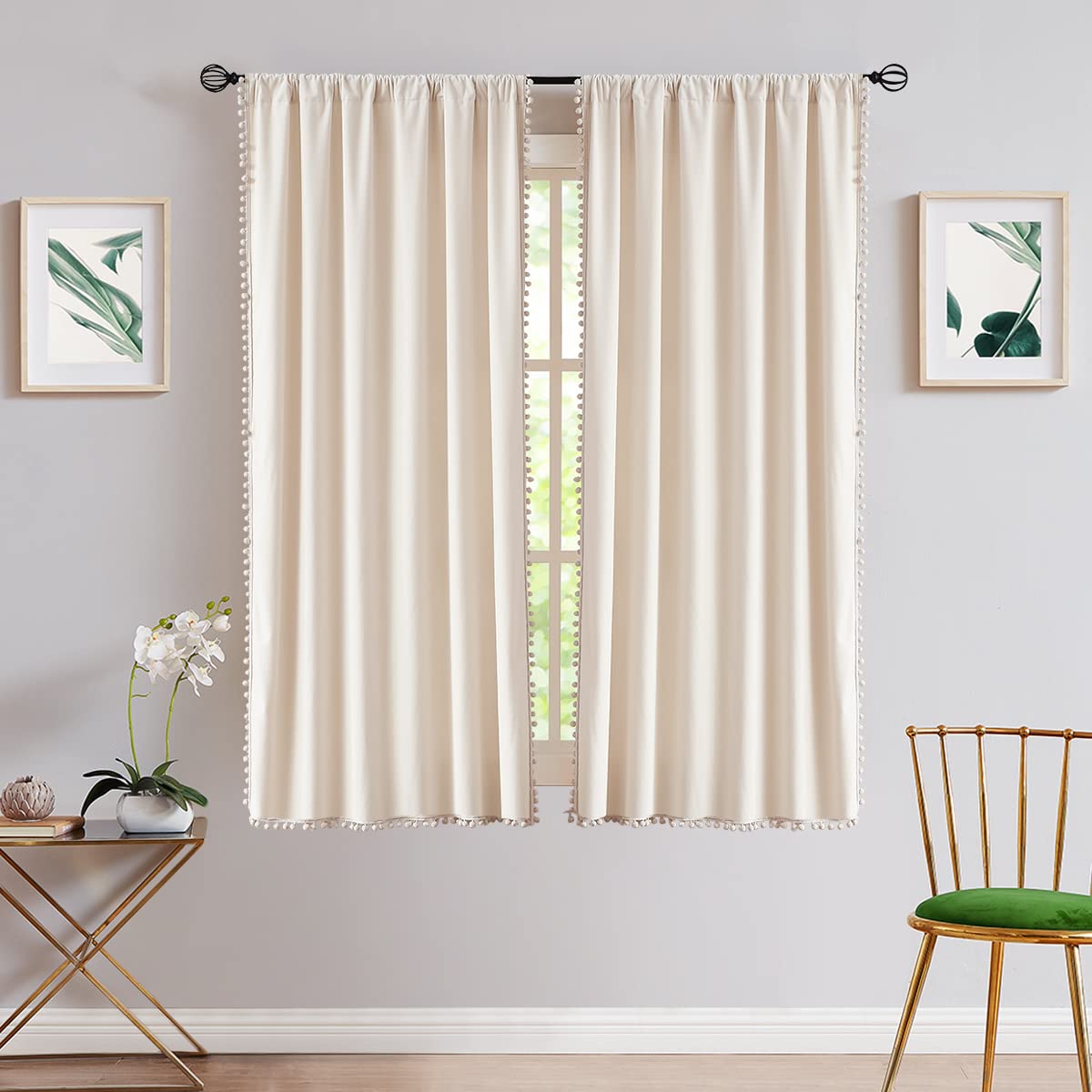 Pom-Pom Cream Velvet Curtains for Living Room 63inch Length Luxury Heavy Ivory Window Drapery for Bedroom Kids Children Room Rod Pocket 42" w x 2Panels