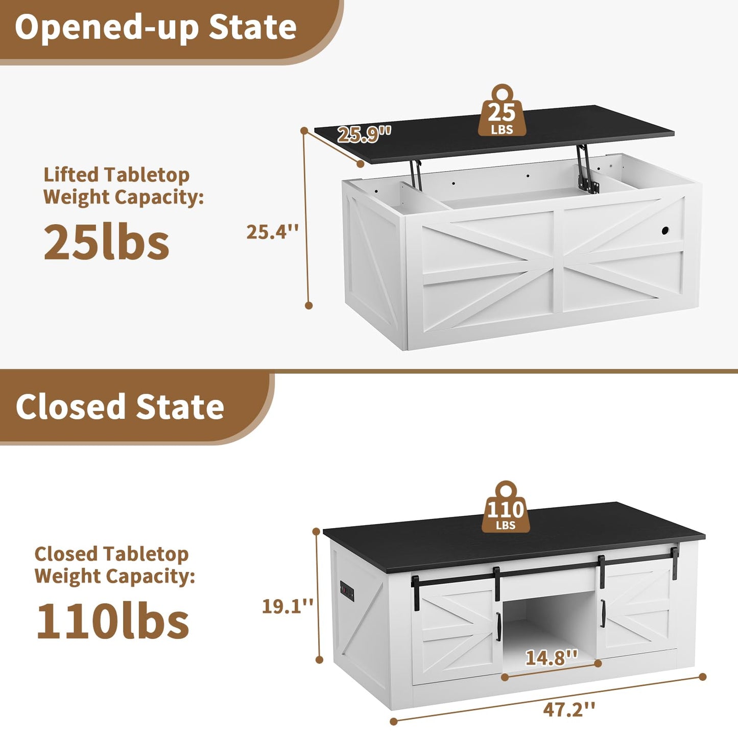 HPWLYQ 48" Lift Top Coffee Table with Storage & Power Outlets, Farmhouse Coffee Table with Sliding Barn Doors, Wood Square Center Table for Living Room Office Black