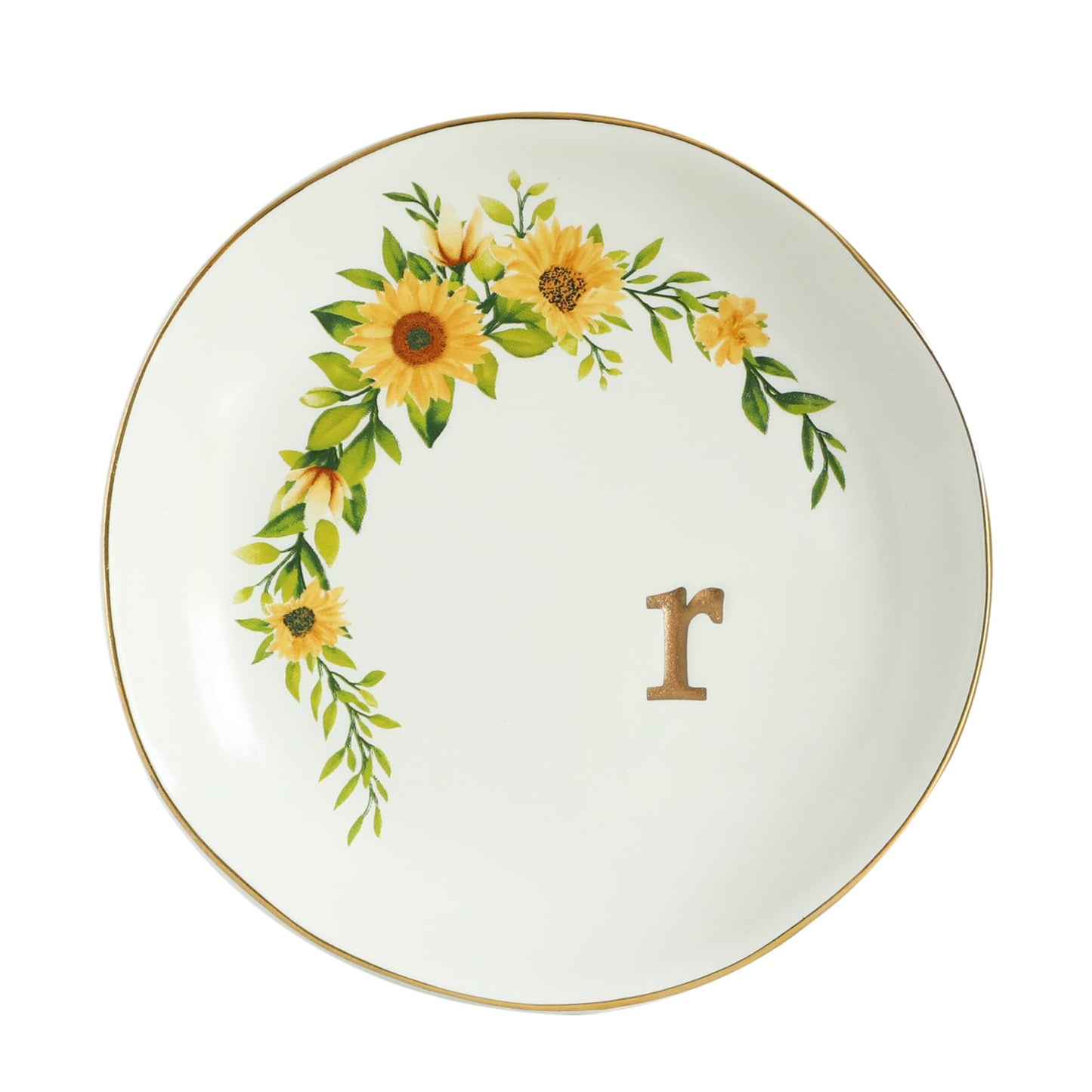 COLLECTIVE HOME - Ceramic Jewelry Tray, Trinket Dish for Rings Earrings Necklaces Bracelet Watch Keys, Birthday Mother's Day Christmas Gift for Women, 4.75", White Surface wirh Sunflowers (k)