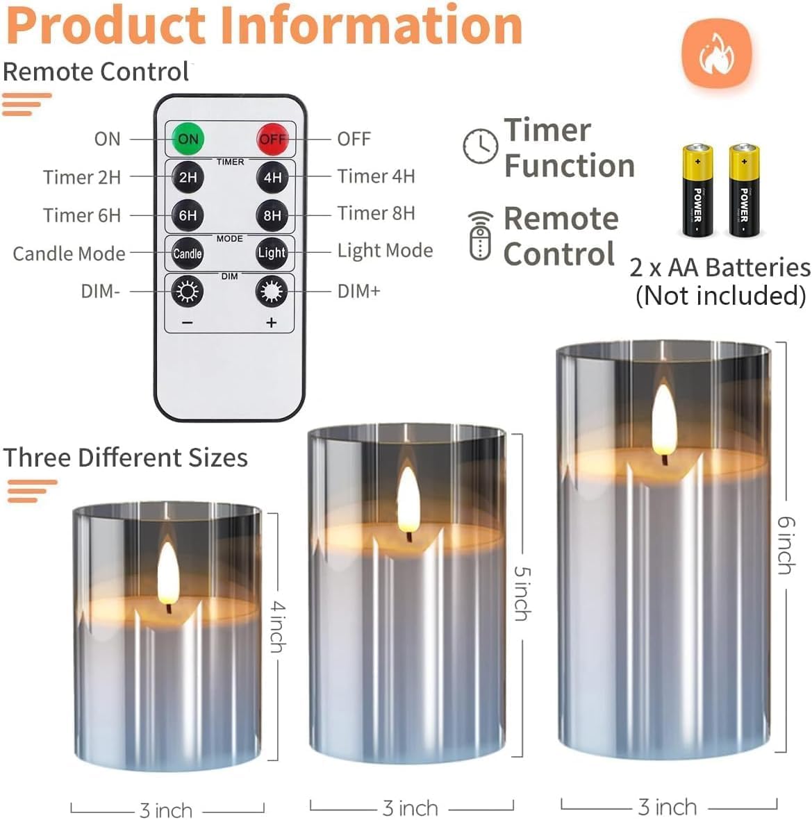 Gray Glass Flameless Candles Flickering with Remote, Timer, Battery Operated Moving Wick Realistic Warm Light Real Wax LED Candles for Party, Wedding, Festival Tabletop Decoration - Set of 3