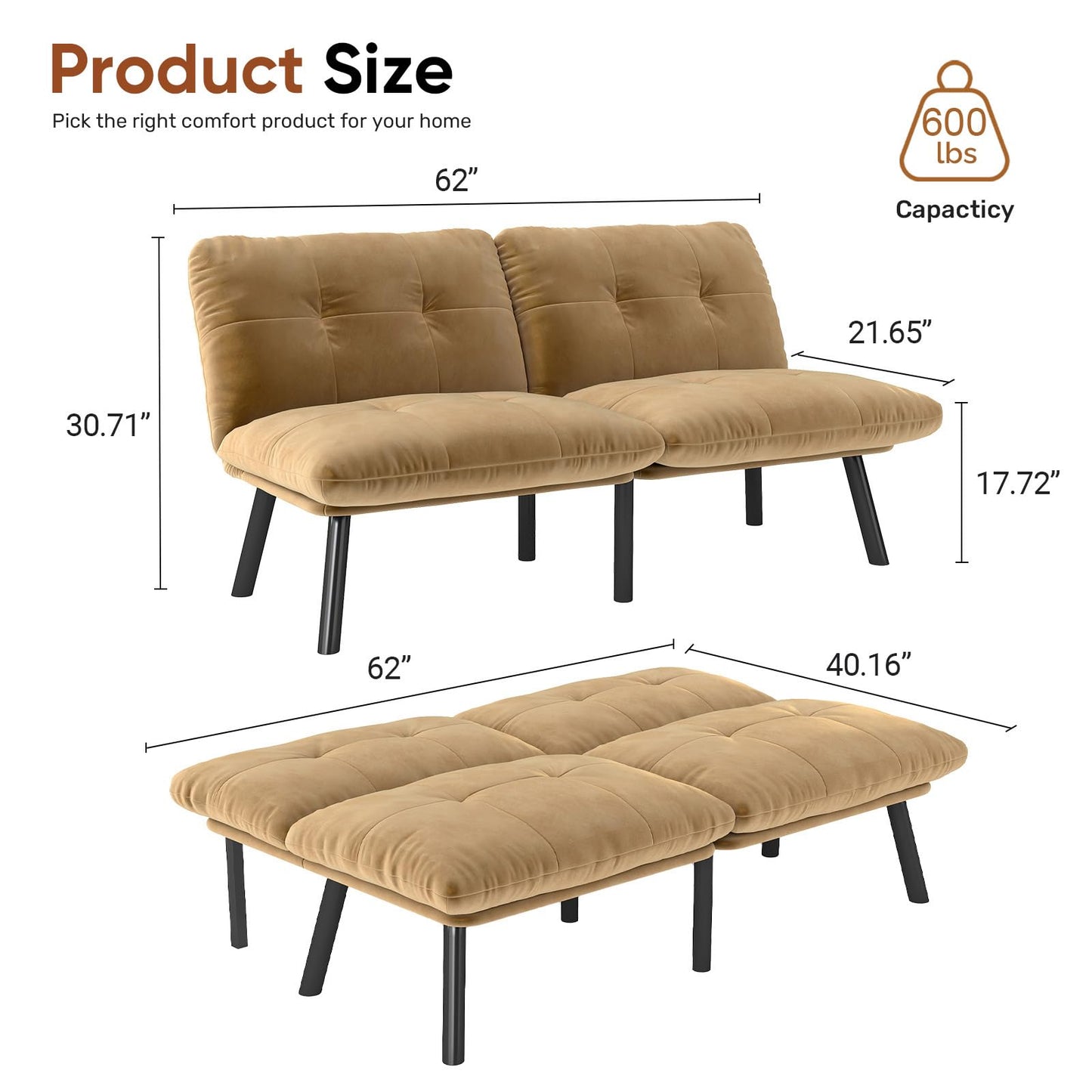 homeokay Futon Sofa Sleeper Couch Bed with Adjustable Backrest Thick Cushion Velvet Fabric for Department Living Room Lounge Sofa Loveseat (Brown)