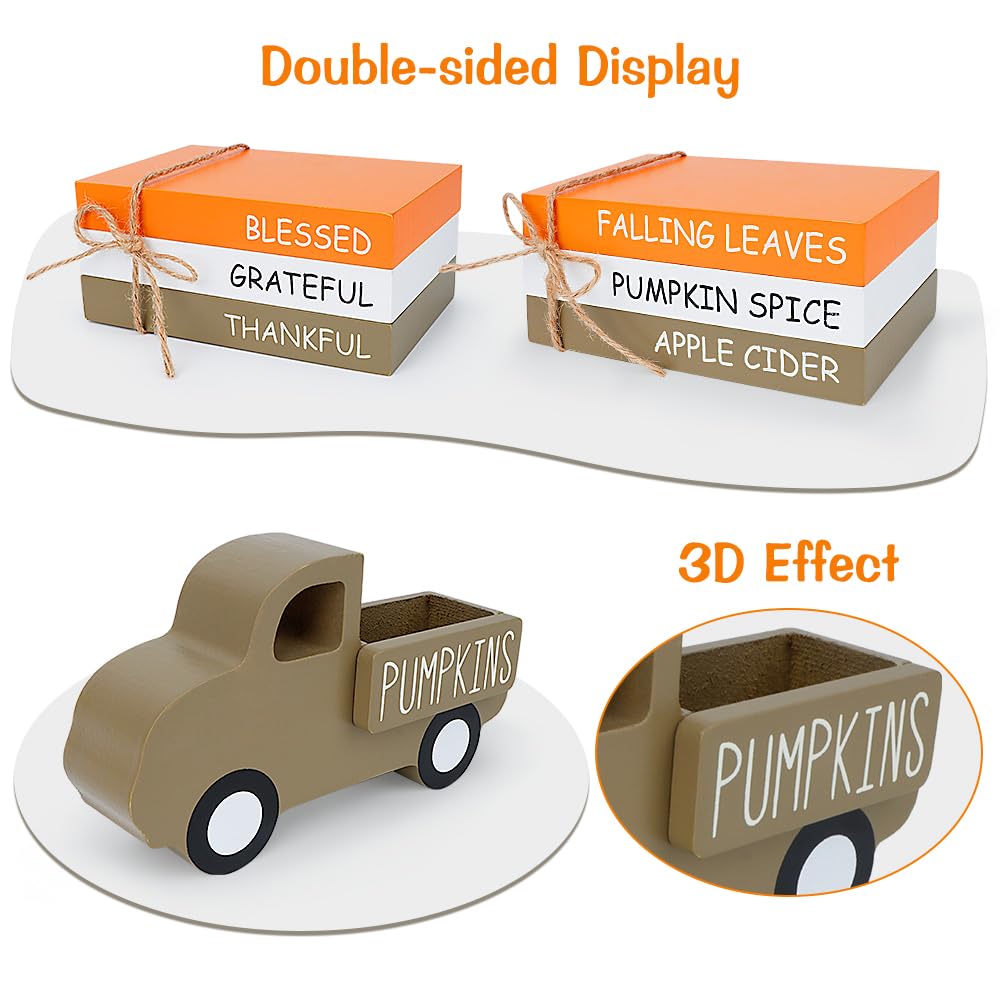 AKEROCK Fall Table Decor, Farmhouse Wooden Fall Signs with Book Stack, 3D Truck and 5 Individual Pumpkins for Tiered Tray, Coffee Bar, Shelf and Mantle Decor - Fall Decorations for Home