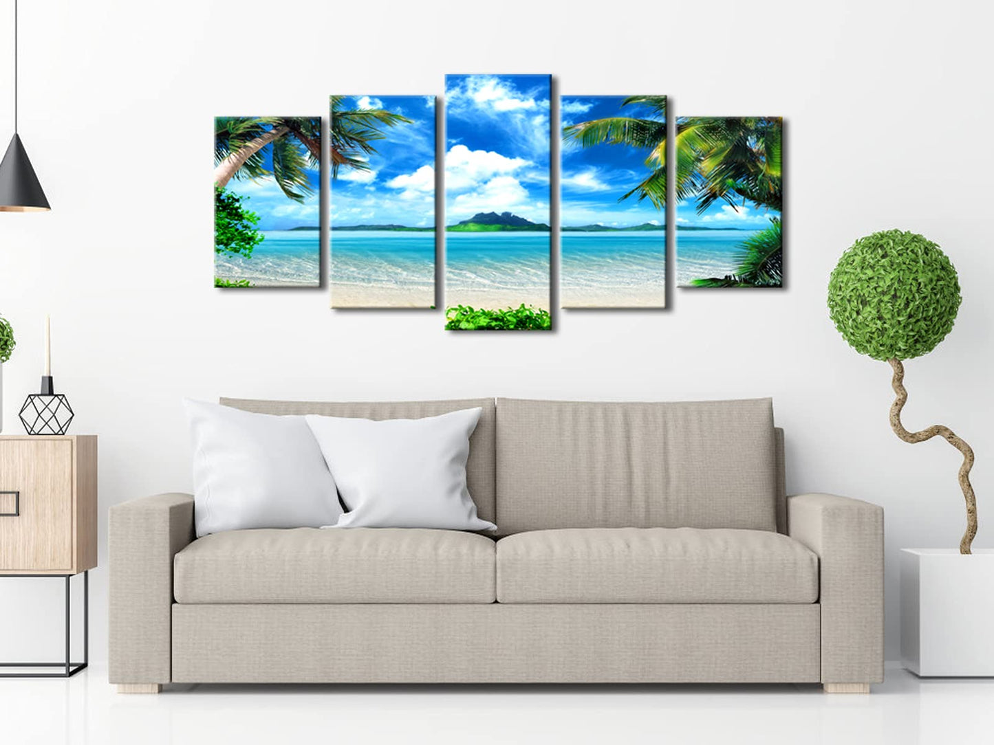 Pyradecor Modern 5 Panels Blue Sea Beach Pictures Paintings on Canvas Wall Art Stretched Contemporary Landscape Ocean Canvas Prints Artwork for Bedroom Home Decorations
