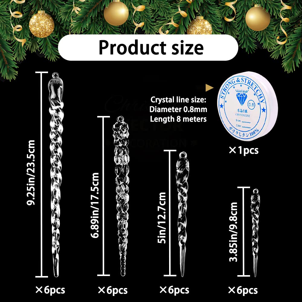 DULEFUN 24pcs Christmas Tree Crystal Decorations 4 Styles Clear Acrylic Xmas Tree Icicle Hanging Ornaments for Christmas New Year Holiday Wedding Winter Party Decor