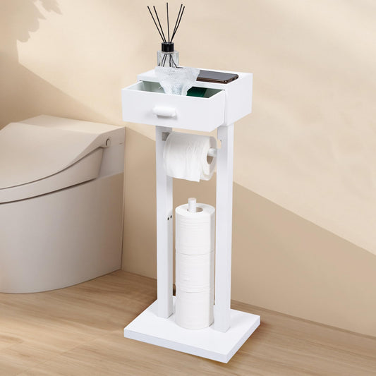 Freestanding Bathroom Toilet Paper Holder Stand with Shelf, Black Wooden Toilet Paper Roll Holder with Wet Wipes Storage Drawer