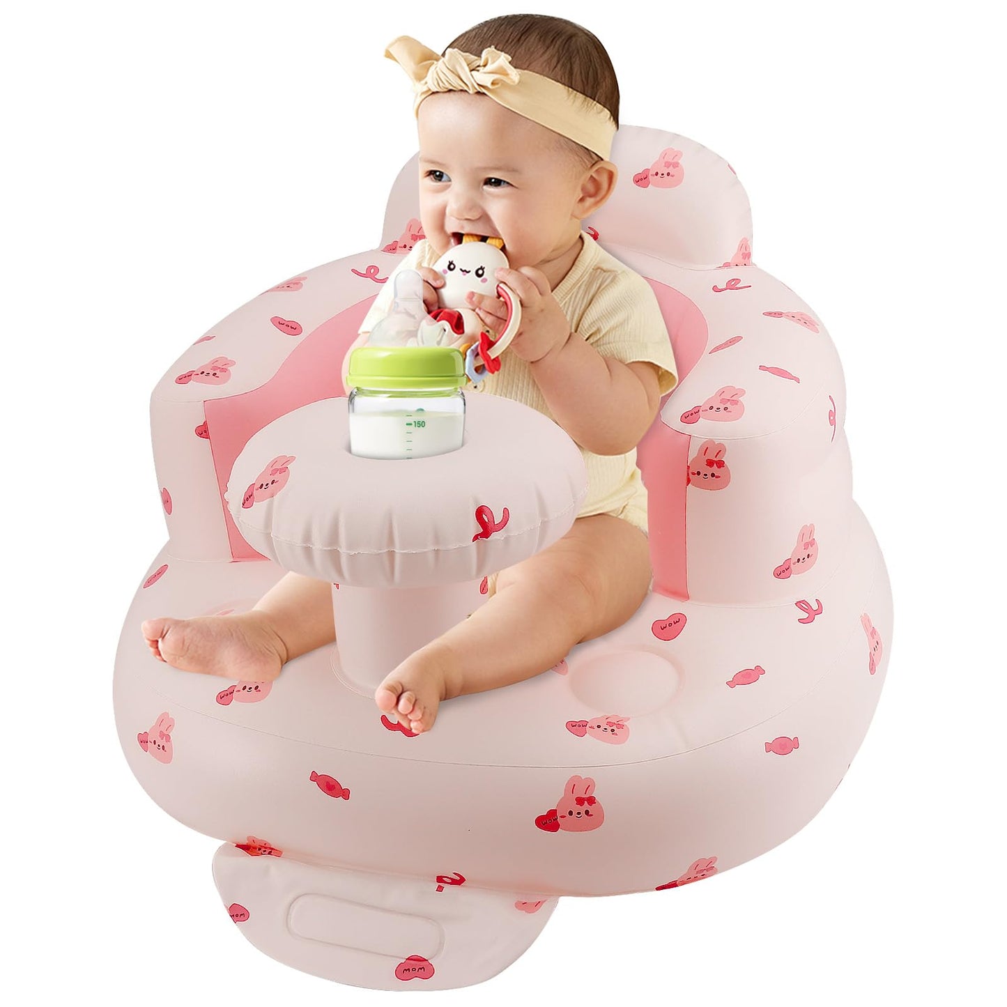 Pink Baby Inflatable Seat for 3-36 Months Girl, Built-in Air Pump, Bear Baby Support Seat Summer Toddler Chair for Sitting Up, Floor Seater
