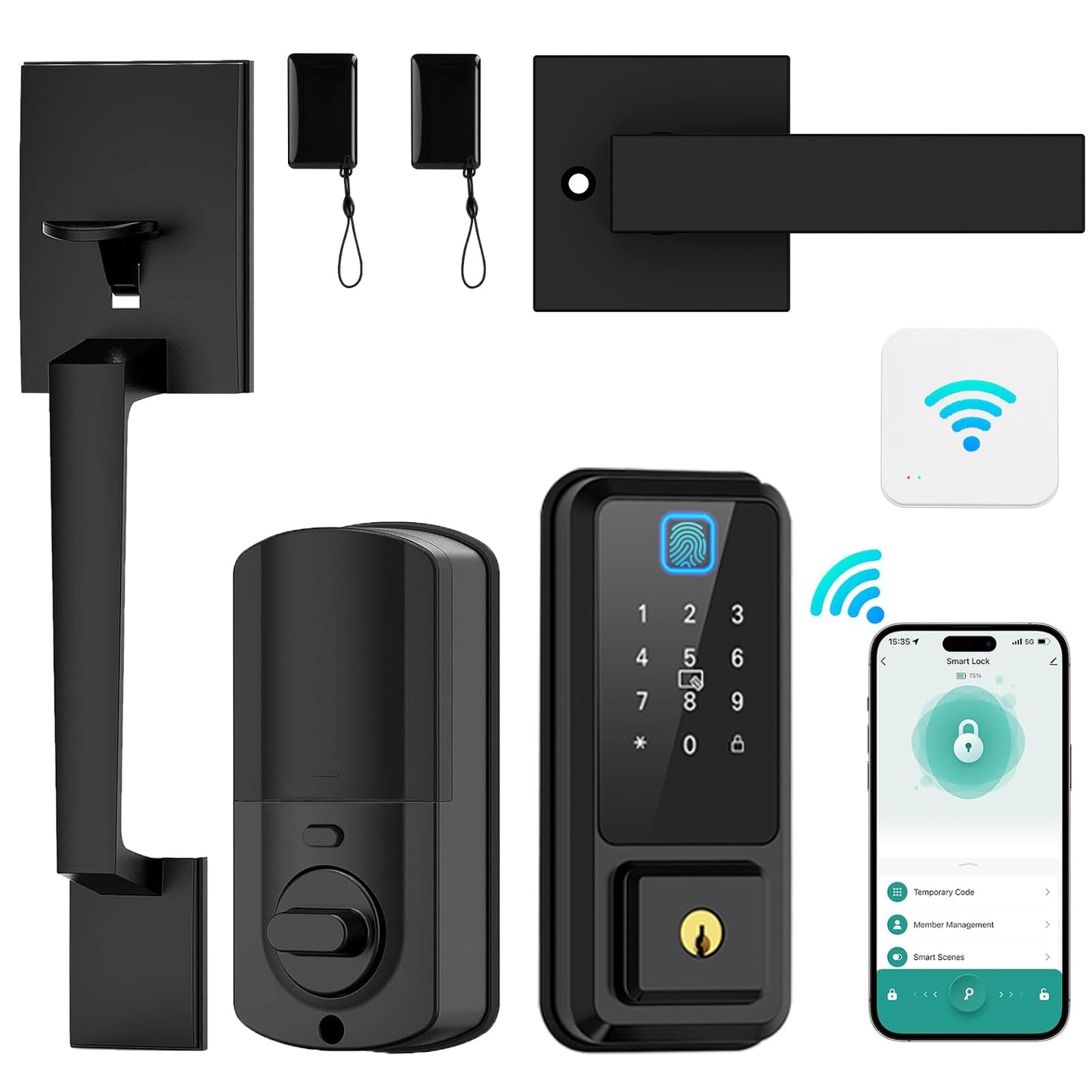 WiFi Front Door Lock Set, Hunnay Smart Locks for Front Door, Keypad Deadbolt Fingerprint APP Control Bluetooth Alexa Auto Lock, Easy Install (Black)