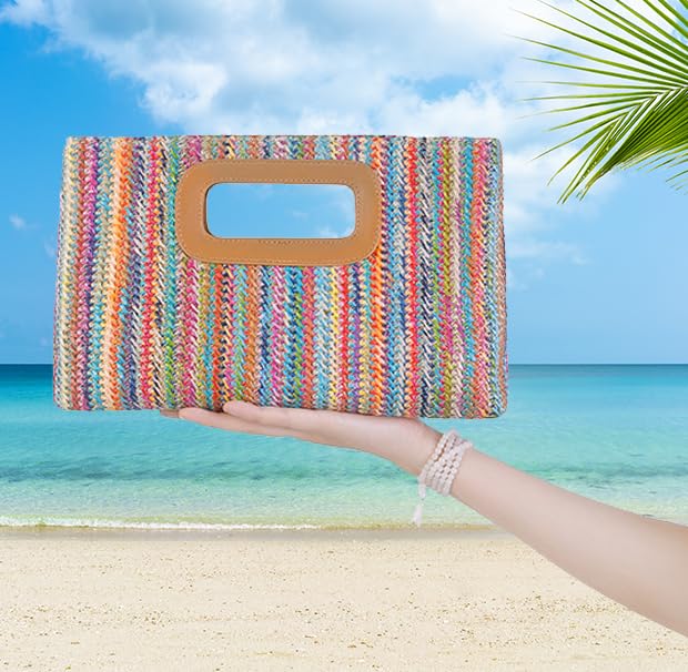 Straw Purse Top Handle Clutch Bag, Woven Beach Shoulder Crossbody Bag Raffia Handbag Raffia Summer Vacation Tote for Vacation, Parties, Wedding, Colorful