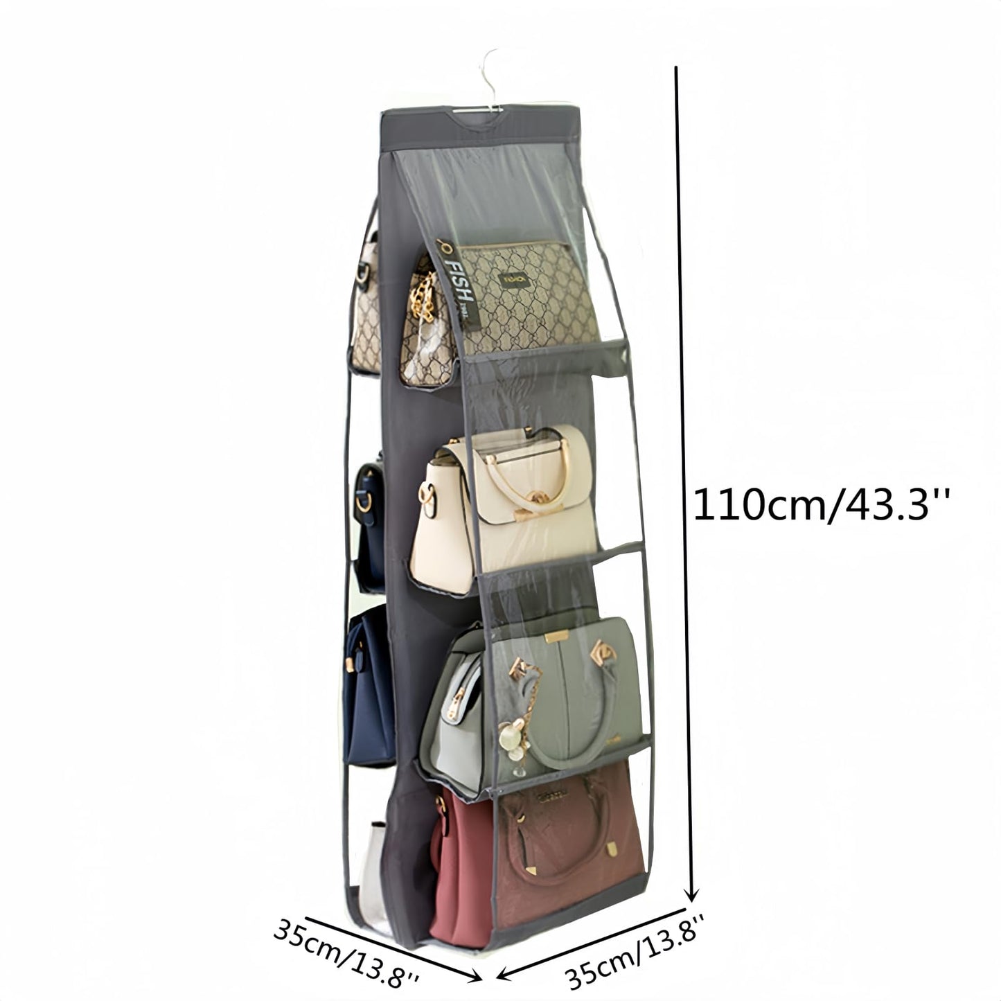 HAN SHENG 8 Pockets Clear Handbag & Purse Organizer Hanging Bag Storage - Space Saving Hanging Shelf for Closet, Wardrobe, Over Door (2 Pack, Grey)