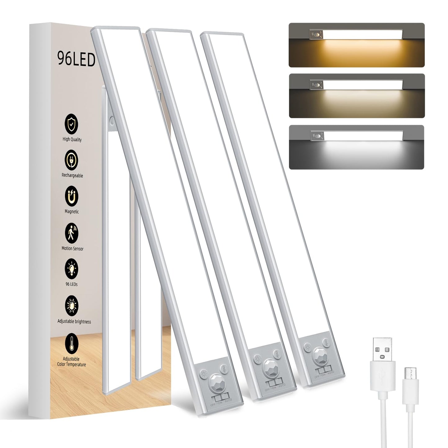 Under Cabinet Lighting Wireless,96 LED Rechargeable Motion Sensor Light Indoor, 7 Color Temperature Dimmable Magnetic Under Counter Lights for Kitchen, Cabinet, Stairs, 2 Pack