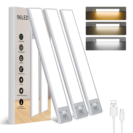 Under Cabinet Lighting Wireless,96 LED Rechargeable Motion Sensor Light Indoor, 7 Color Temperature Dimmable Magnetic Under Counter Lights for Kitchen, Cabinet, Stairs, 2 Pack