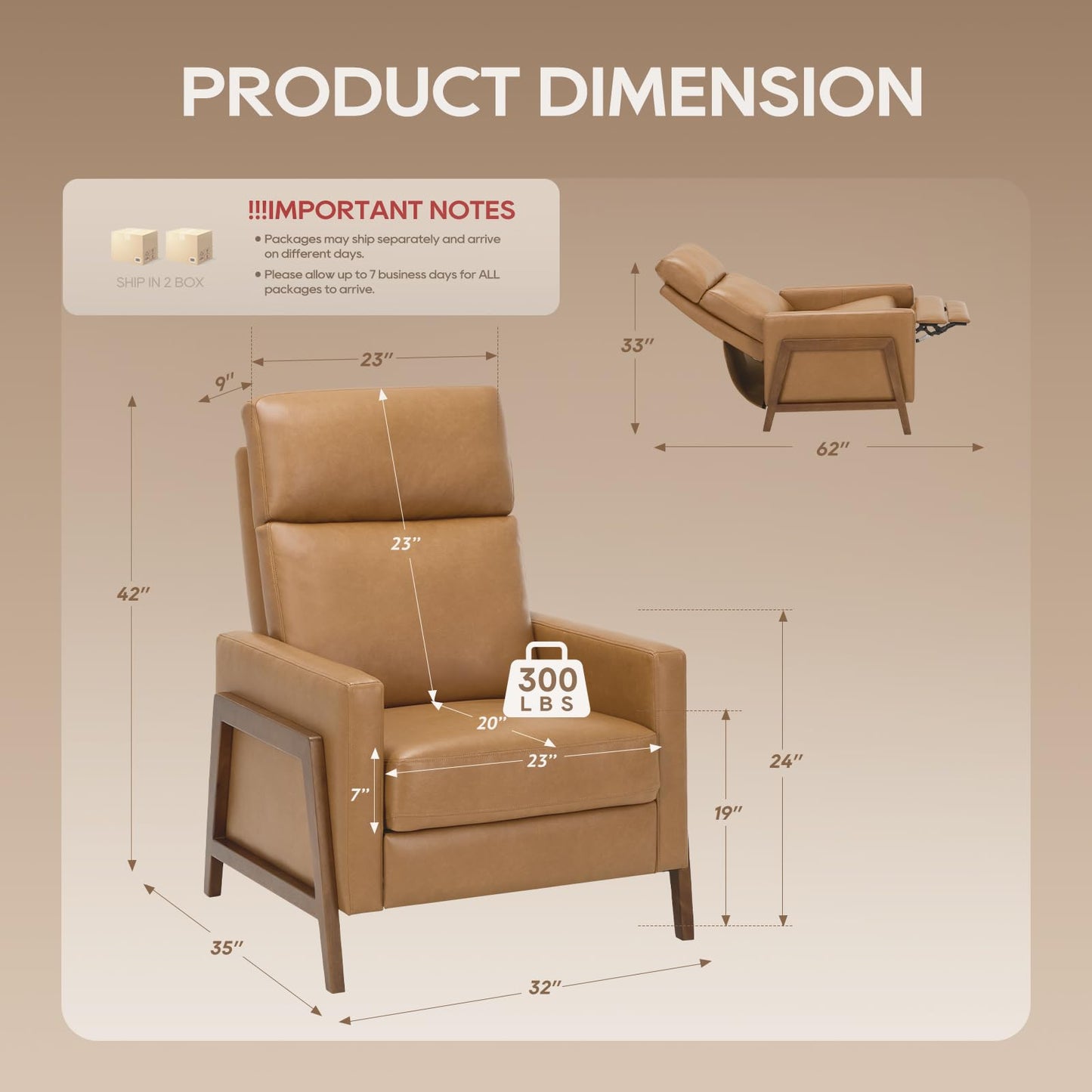 COLAMY Push Back Recliner Chair, Upholstered Leather Recliner with Footrest 118-150 Degree Adjustable, Comfy Modern Wingback Recliner for Living Room, Bedroom,Small Spaces,Camel