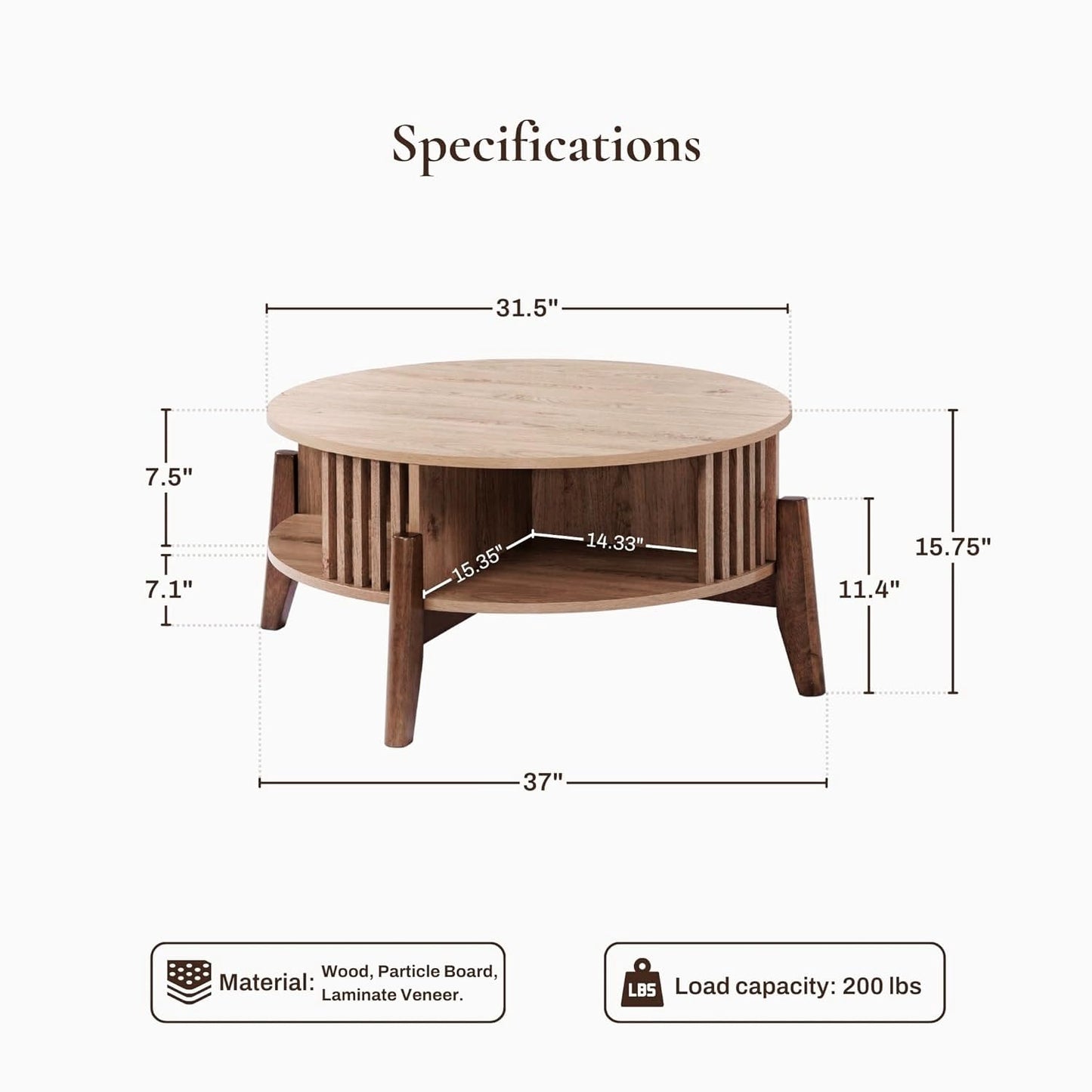 LuxenHome Round Coffee Table with Storage, 31.5" Oak Finish Wood Accent Tables with Wood Legs, Boho Center Table for Living Room, Wooden Circle Coffee Table with Open Storage for Home Office