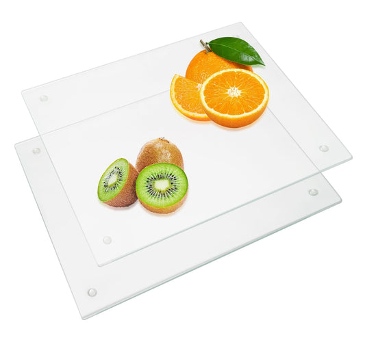 JAMBALAY Tempered Glass Cutting Boards for Kitchen, 16"x12" Clear Glass Cutting Board Set, 2Pcs Chopping Board with Rubber Non Slip Feet, Heat Resistant, Shatter Resistant, Dishwasher Safe
