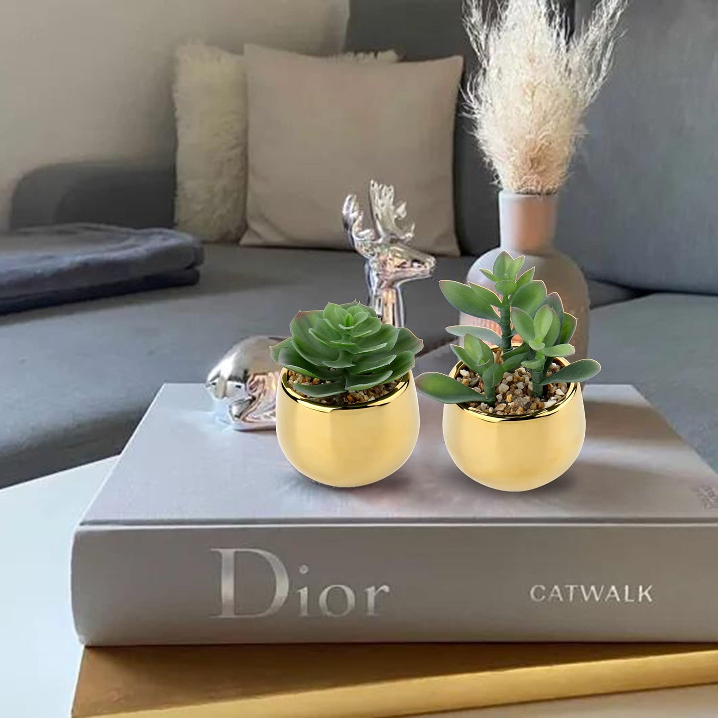 Briful Small Artificial Succulents in Pots Set of 2 Realistic Faux Succulents Plants with Gold Ceramic Pots Cute Mini Fake Plants Decor for Modern Home Table Office Desk Bathroom Shelf Decoration