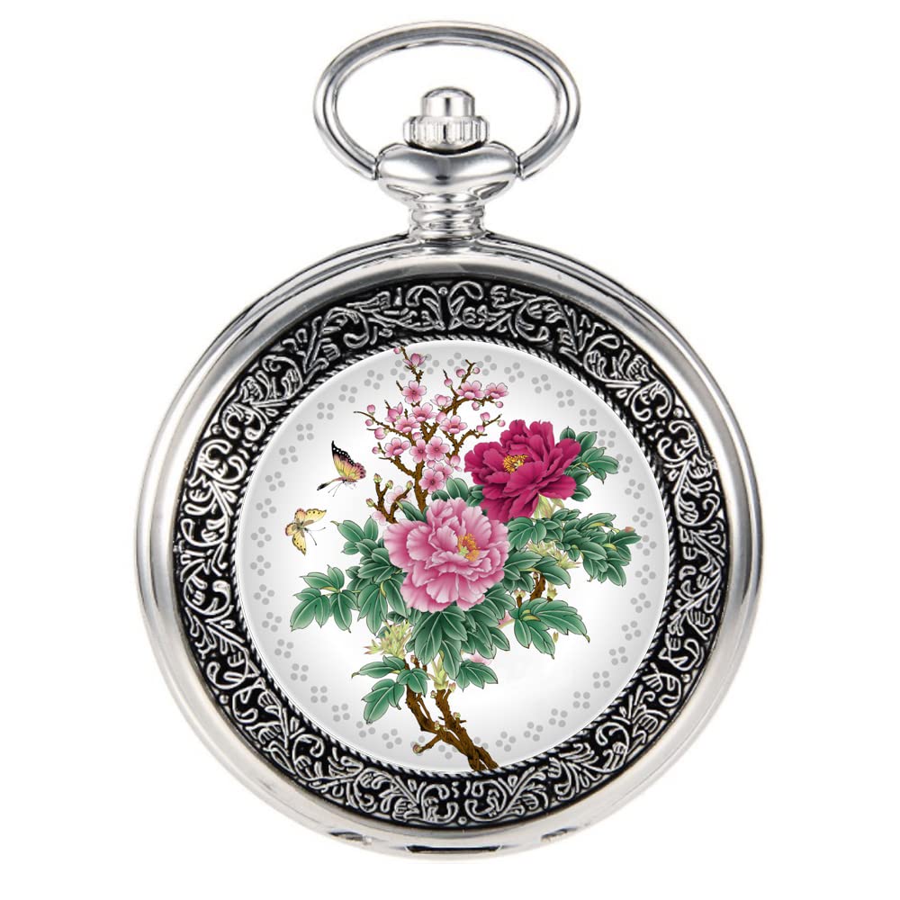 VIGOROSO Quartz Beautiful Butterfly Flowers Enamel Painting Steampunk Silver Pocket Watches in Box