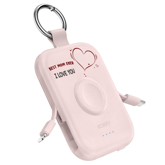 RORRY Portable Charger, 5000mAh Portable Charger Power Bank with Built-in Cables, Travel Keychain Battery Pack for Apple Watch Ultra 2/10/9/8/Ultra/7/6/SE/5, iPhone 16/15/14/13/12, Pink