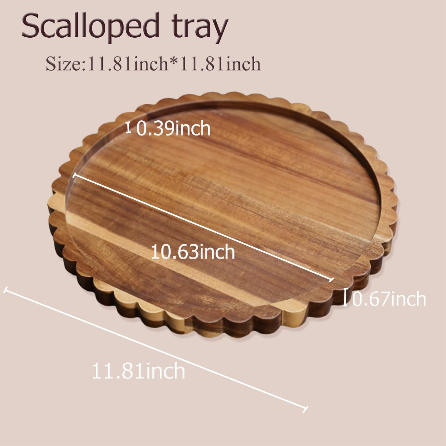 Prylenza 11.8 Inch Round Acacia Wood Decorative Tray for Coffee Table - Unique Scalloped Edge Design, Ideal Wooden Centerpiece Trays for Kitchen, Dining Room, Living Room and Home Decor