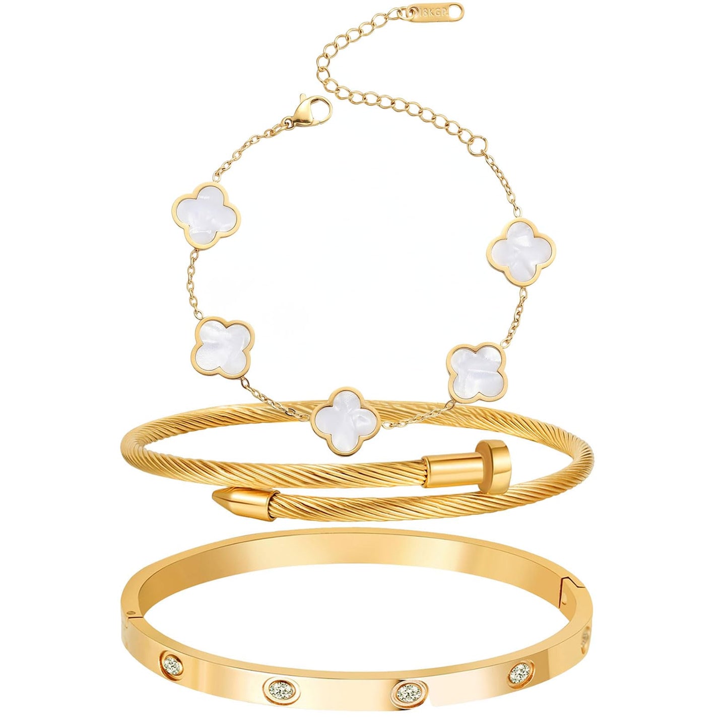 Niarezom 18K Gold Plated Four Leaf Clover Bracelet Bangle Set for Women Stack Bracelets Stainless Steel Bangle Set for Love Trendy Jewelry Gifts for Women (3 Sets(Bracelet,2Bangle))