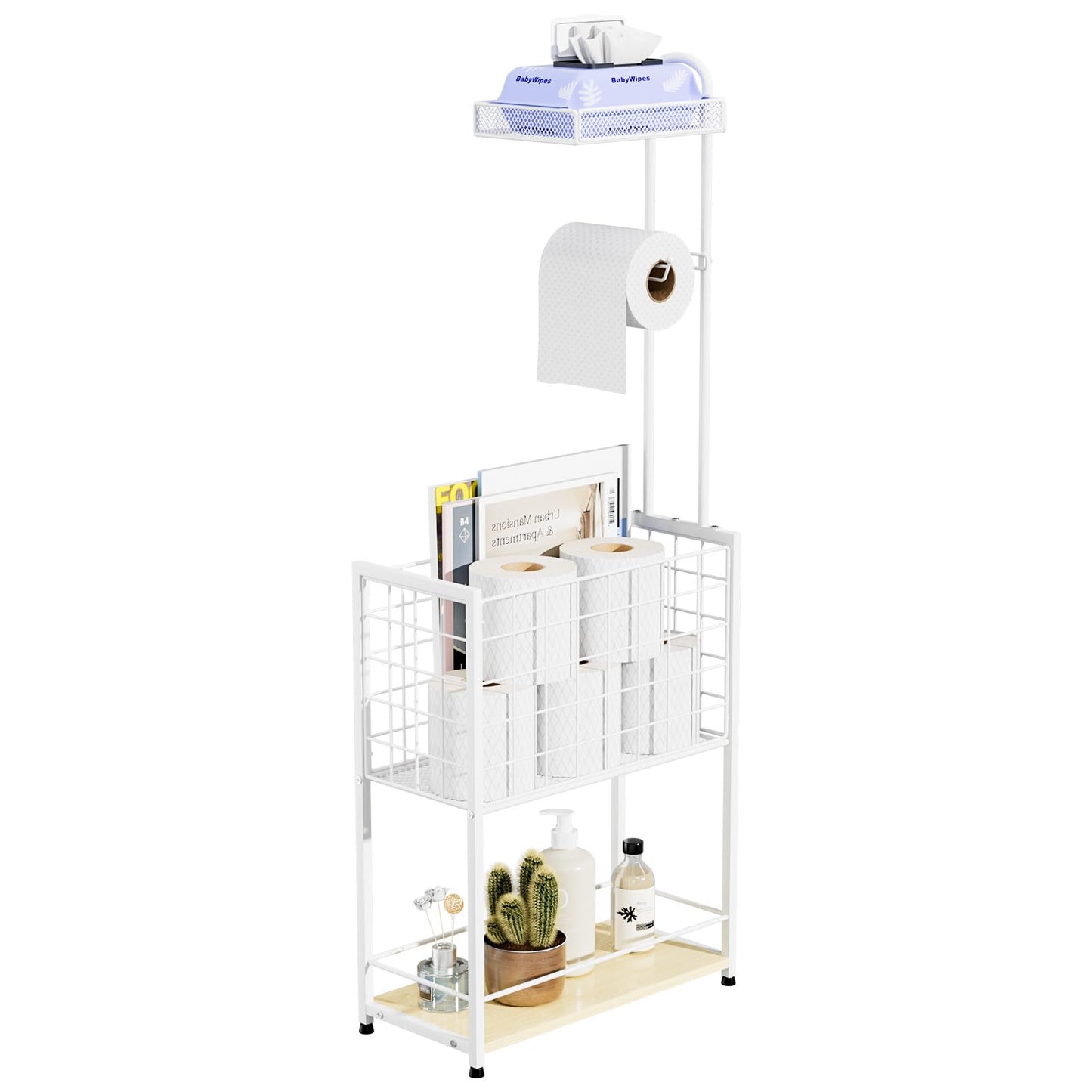 SWTYMIKI Freestanding Toilet Paper Holder - 4-Tier Free Standing Toilet Paper Holder Stand with Large Basket, Stand Mega Roll Storage Rack for Extra Rolls, Magazines, Wet Wipes, Black