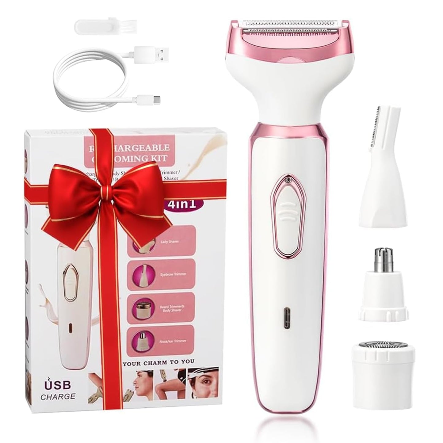 Women's Electric Razor Bikini Trimmer, 4-in-1 Cordless Shaver for Face, Legs, Underarms, Pubic Hair – Wet/Dry Use, Painless Hair Removal