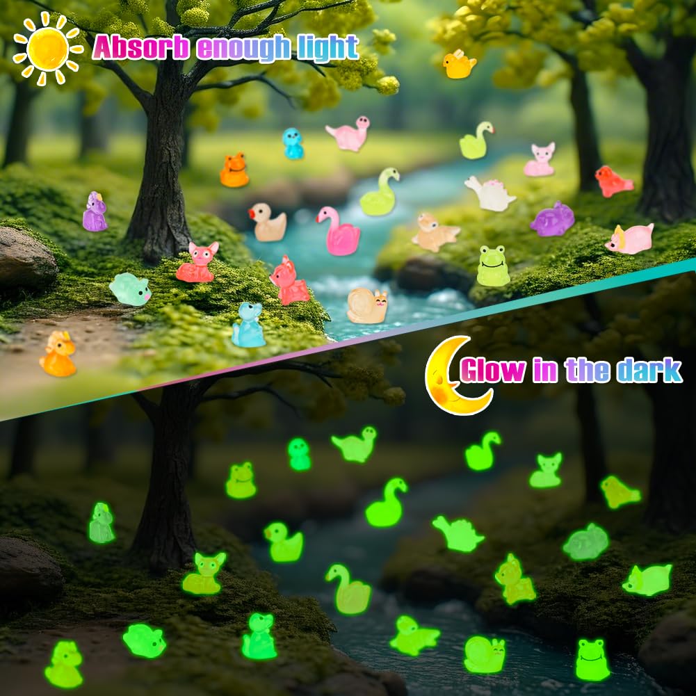 240 Pack Mini Resin Animals, Glow in The Dark Tiny Animals Figures to Hide Luminous Small Plastic Miniature Little Ducks Bulk for Office Home Garden Micro Landscape Aquarium Potted Dollhouse Decor