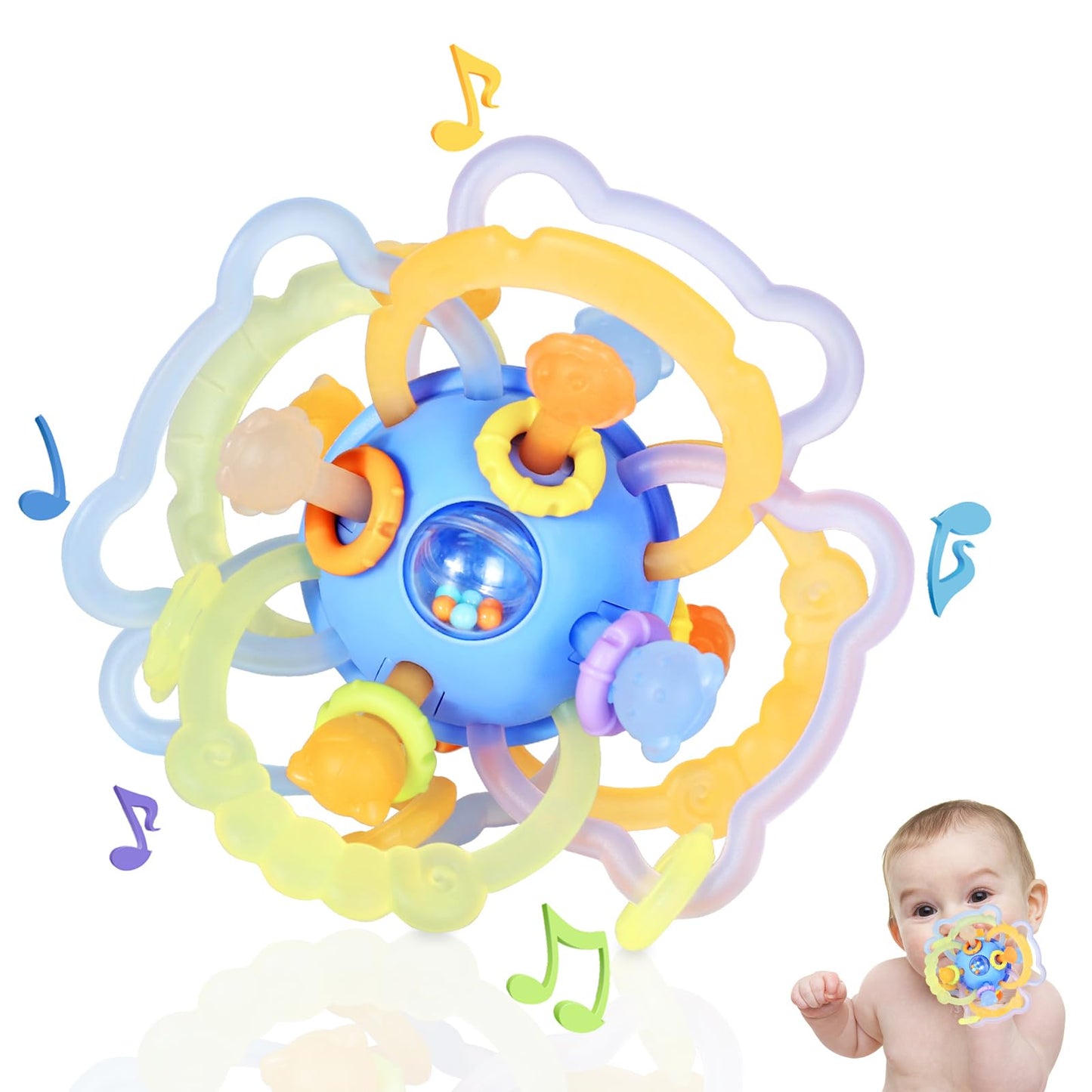 Orzbow Baby Sensory Teething Toys, Infant Montessori Teether Ball, Silicone Baby Rattle Ball Toy, Babies Chew Toys for 3-6-12-18 Months Sucking Needs, Teethers Relief, BPA Free, Brown