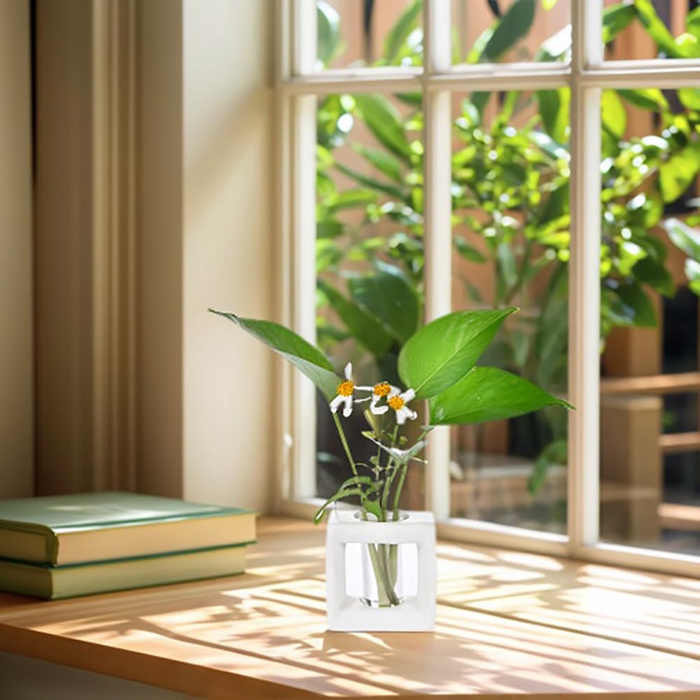 ORGJ Ceramic Propagation Station - 2-in-1 Water Propagation Vase & Aroma Diffuser for Plants, Geometric Propagation Tubes with Plant Rooting Containers, Modern White Decor