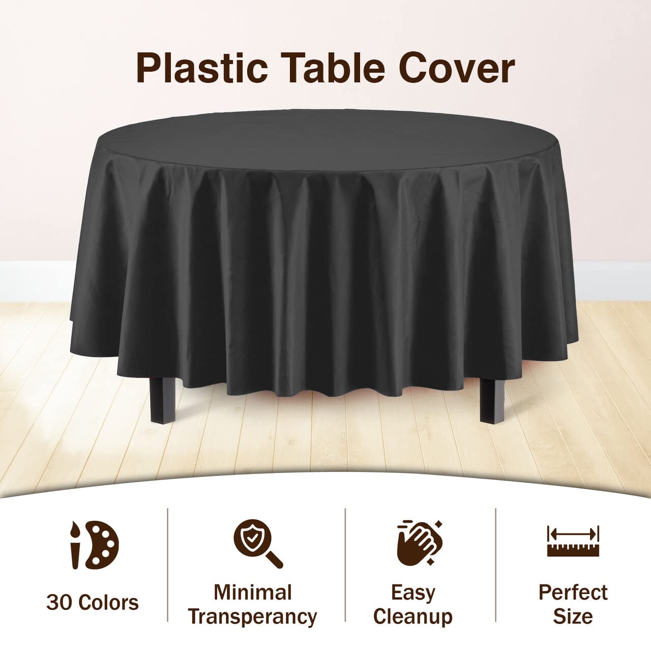 Exquisite Party Solids 12-Pack Premium Plastic Tablecloth 84in. Round Table Cover - Black