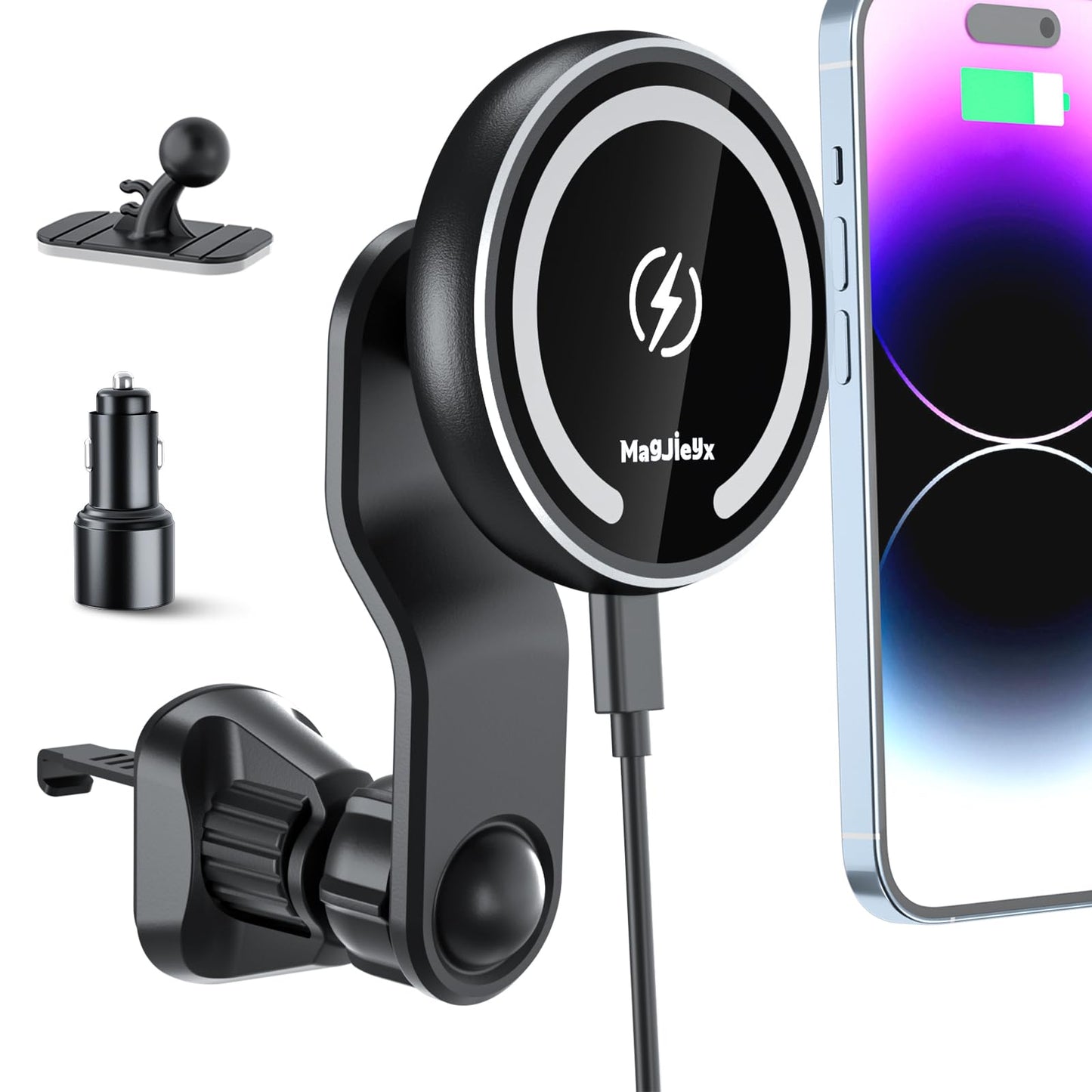 for Magsafe Car Mount Wireless Charger Magnetic Fast Charging Compatible with iPhone 16,15,14,13,12,Pro Max,Mini,Magsafe Case, Air Vent and Stick On Dashboard Car Phone Holder