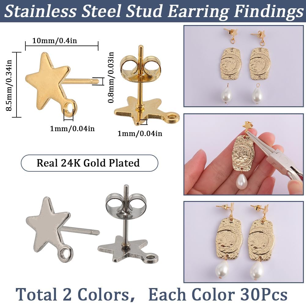 SUNNYCLUE 1 Box 60Pcs Star Earrings Post Earring Posts with Loop & 80Pcs Stainless Steel Ear Backs Real 18k Gold Plated Five Pointed Stars Earring Studs Findings for Jewelry Making Supplies DIY Craft