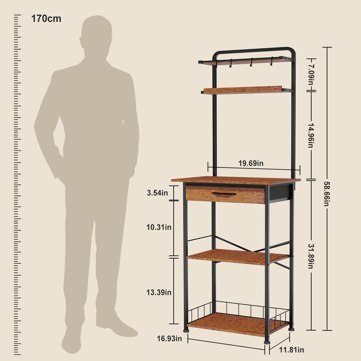 Homsorout Coffee Bar Station - Bakers Rack with Fabric Drawer, Microwave Oven Storage Stand, Bakers Rack for Coffee Stand Station, Home Kitchen Organizer, Brown