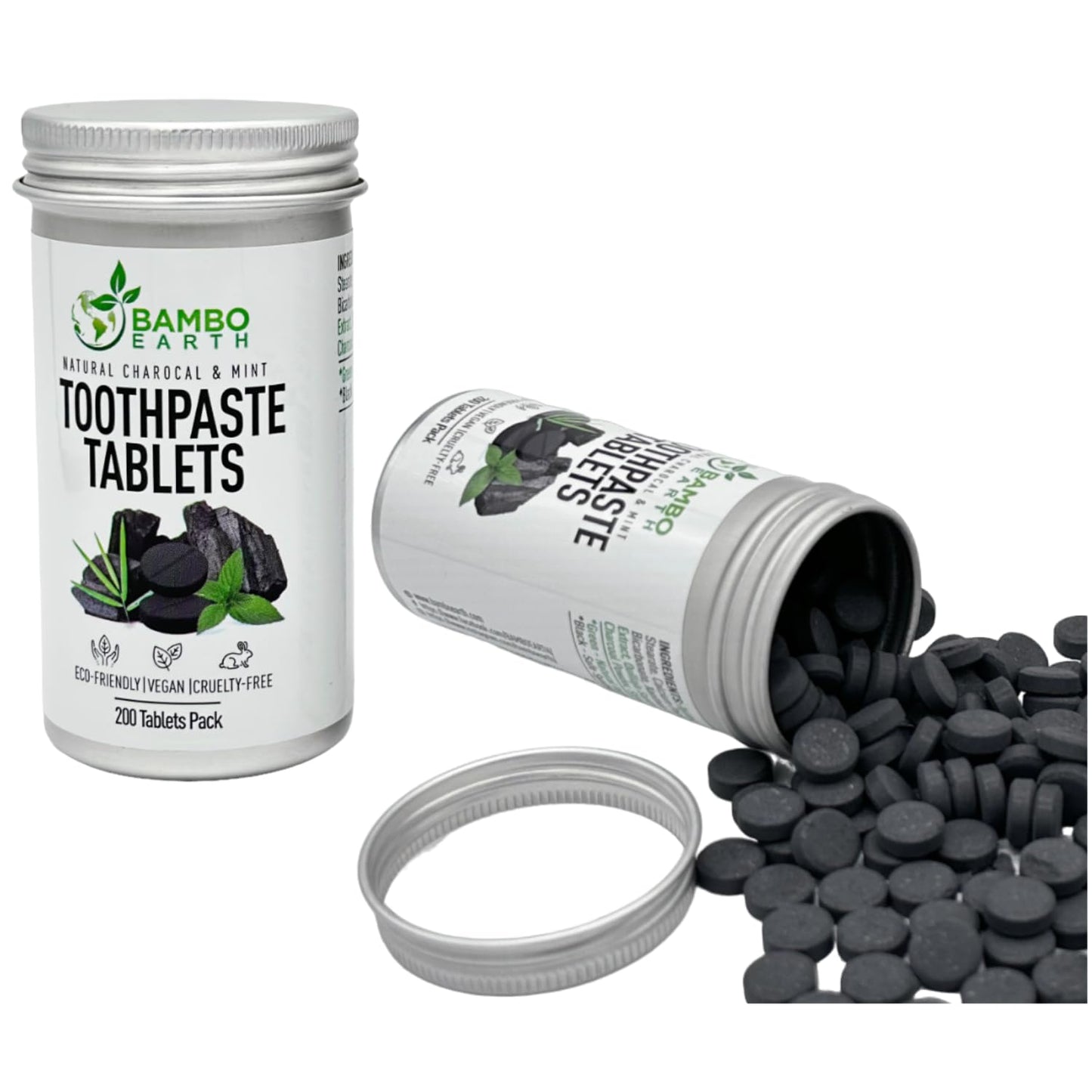200 Pack Natural Toothpaste Tablet Bits - Chewable Mouthwash Whitening Bite Tablets for Teeth SLS & Fluoride Free Eco & Travel Friendly - Zero Waste Packaging - Mint & Activated Charcoal (Peppermint)
