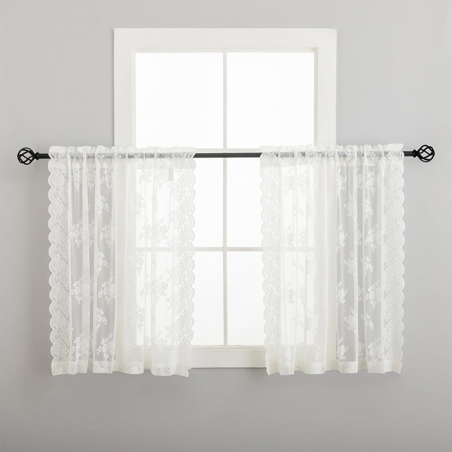 Kotile Ivory Lace Curtains 36 Inch Length 2 Panels, Country Rustic Floral Lace Curtains Short for Kitchen Window, Rod Pocket Privacy Lace Cafe Curtains, 42 x 36 Inch Each, 1 Pair, Ivory