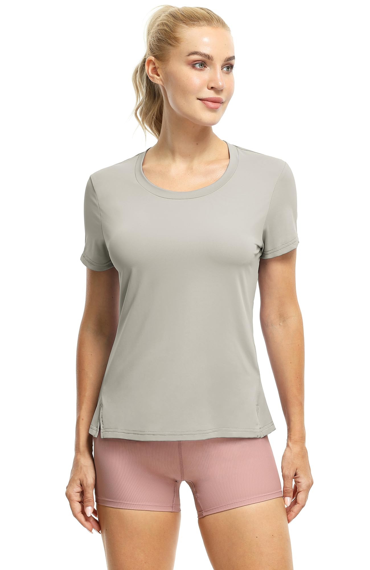 icyzone Women's Athletic Short Sleeve T-Shirts for Workout Running Yoga (Pack of 3) (Black/Natural Grey/Pale Peach, M)