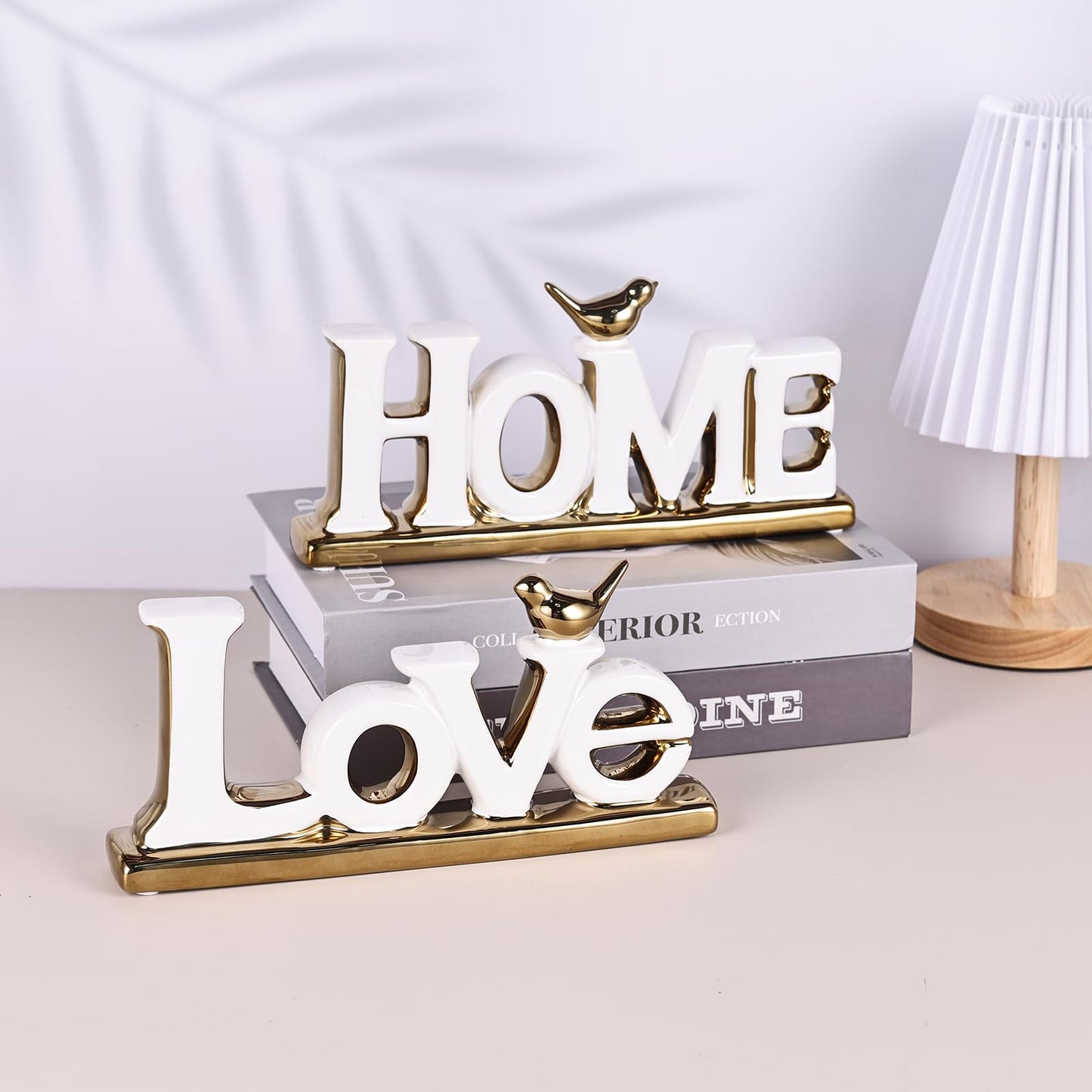 Love Sign Decor,White and Gold Room Decor Aesthetic, Knick Knack Shelf,Gold Bird Decor, Boho Bookshelf ,Abstract Gold Statue ,For Living Room,Bedroom, Contemporary Tv Stand Decor set of 2 (2, White)