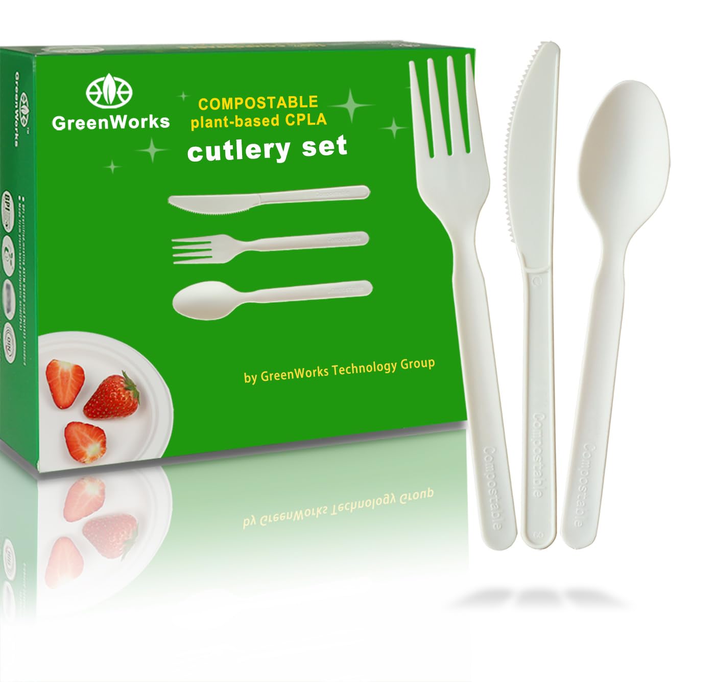 GreenWorks Heavy-duty Compostable Forks, BPI Certified 100 Count Large Disposable Cutlery Utensils Silverware Flatware Fork