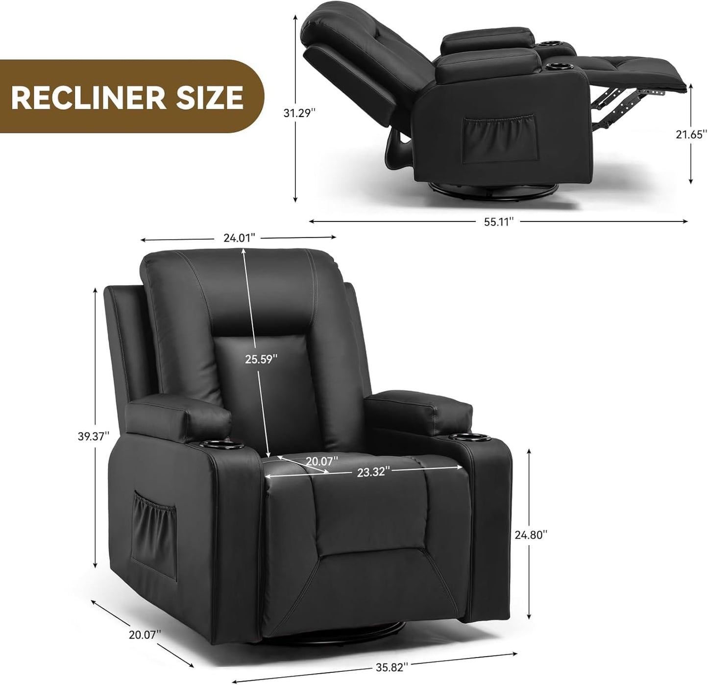 COMHOMA Recliner Chair, Swivel Rocker Recliners, Massage and Heat Reclining Chair, Reclining Sofa with Side Pockets, Cup Holders for Living Room, Bedroom (Black)