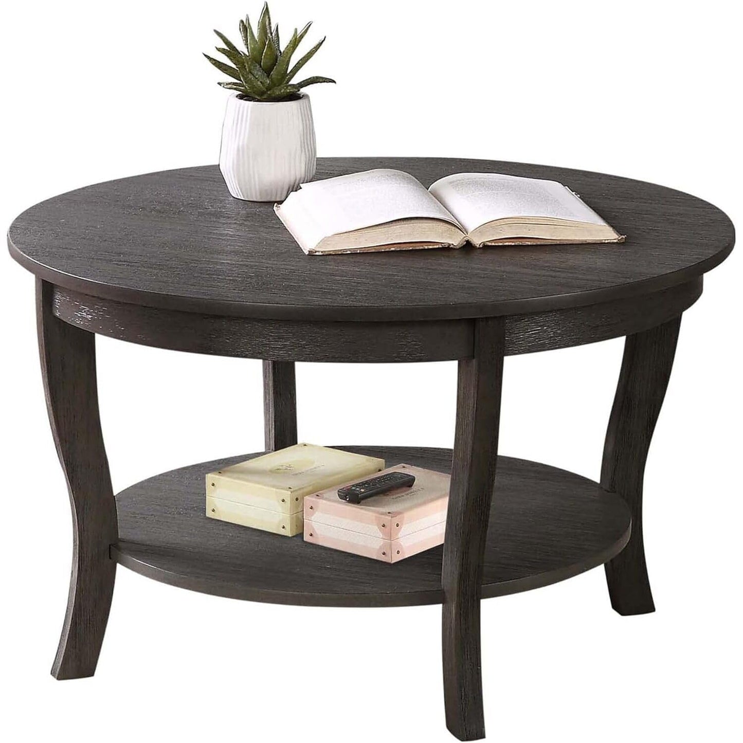 HomeStock Global Greatness Round Coffee Table with Shelf, Wood Finish, Classic Transitional Style Table, Two Tier Spacious Shelving, 30.00 x 30.00 x 18.00 Inch Espresso