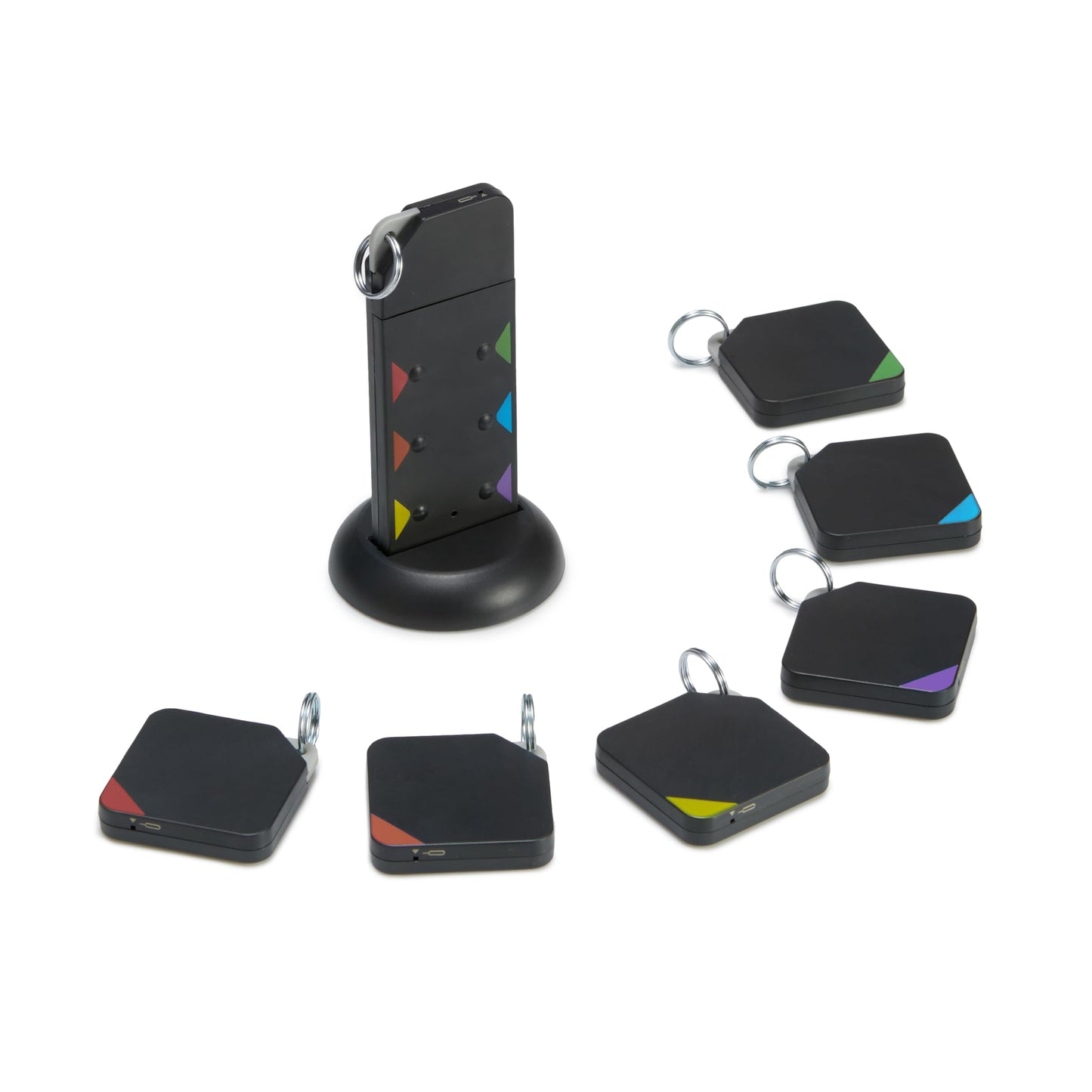 Amazon Basics Key Finder, Wallet, Pet, Phone, Item Locator - 6 Smart Trackers, 1 Remote, 100 ft (30 m) Range, up to 80dB alarm via RF signals. No phone, mobile app or WiFi required