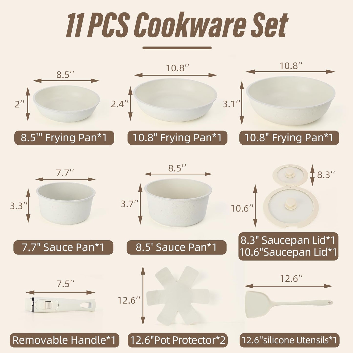 Pots and Pans Set Non Stick, 11 PCS Pan Set With Removable Handles, White Cookware Set Suitable for Induction Cooktops/Gas Stoves/Microwave Ovens