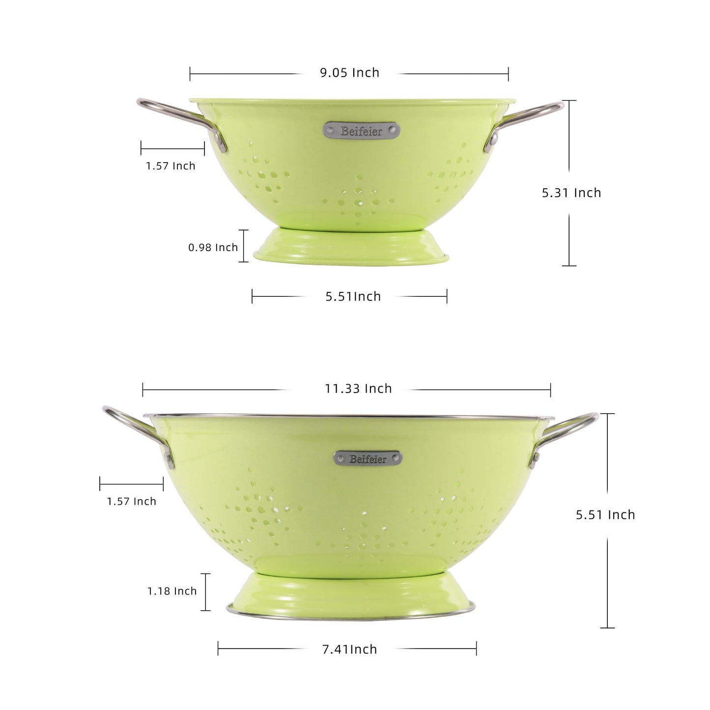 Metal Colander 2 Pack, Strainer Bowel with Handles 2Qt & 6Qt Powder Coated Solid Ring Base Heavey Duty Kitchen Drainer Basket for Pasta Veggies and Fruits,New Home Apartment Essentials (LightGreen)
