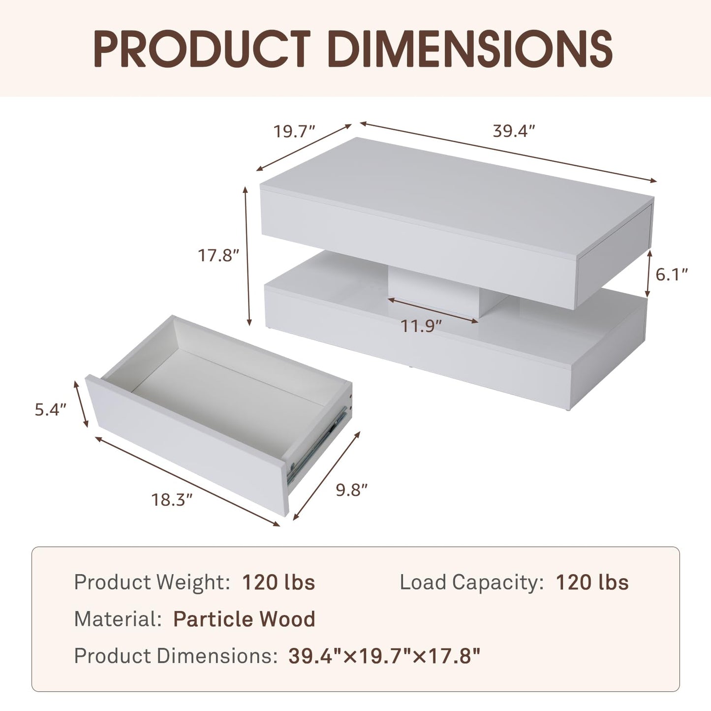 OC Orange-Casual LED Coffee Table with Storage, High Glossy Center Table with 2 Sliding Drawers, Modern Stylish Rectangle Coffee Table Double Layer with Open Display Shelf for Living Room (White)