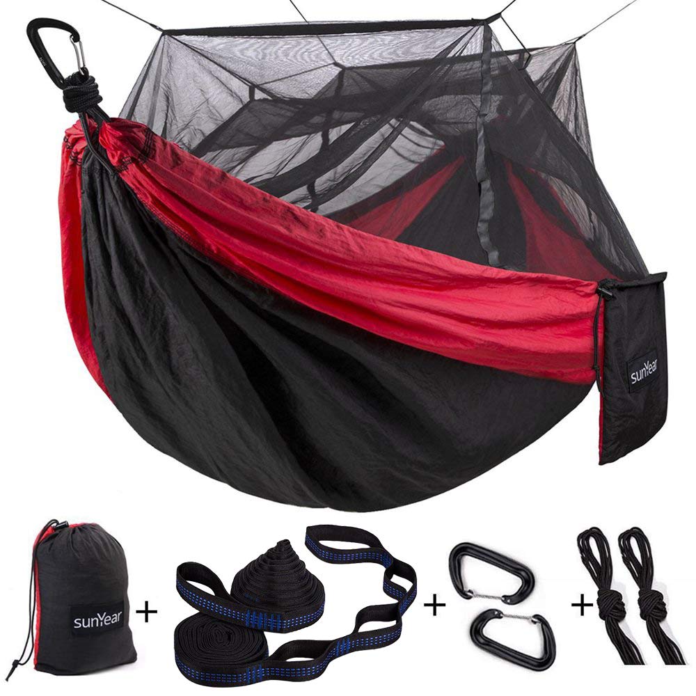 Sunyear Camping Hammock, Portable Single & Double Hammock with Net, 2 Person Hammock Tent with 2 * 10ft Straps, Best for Outdoor Hiking Survival Travel